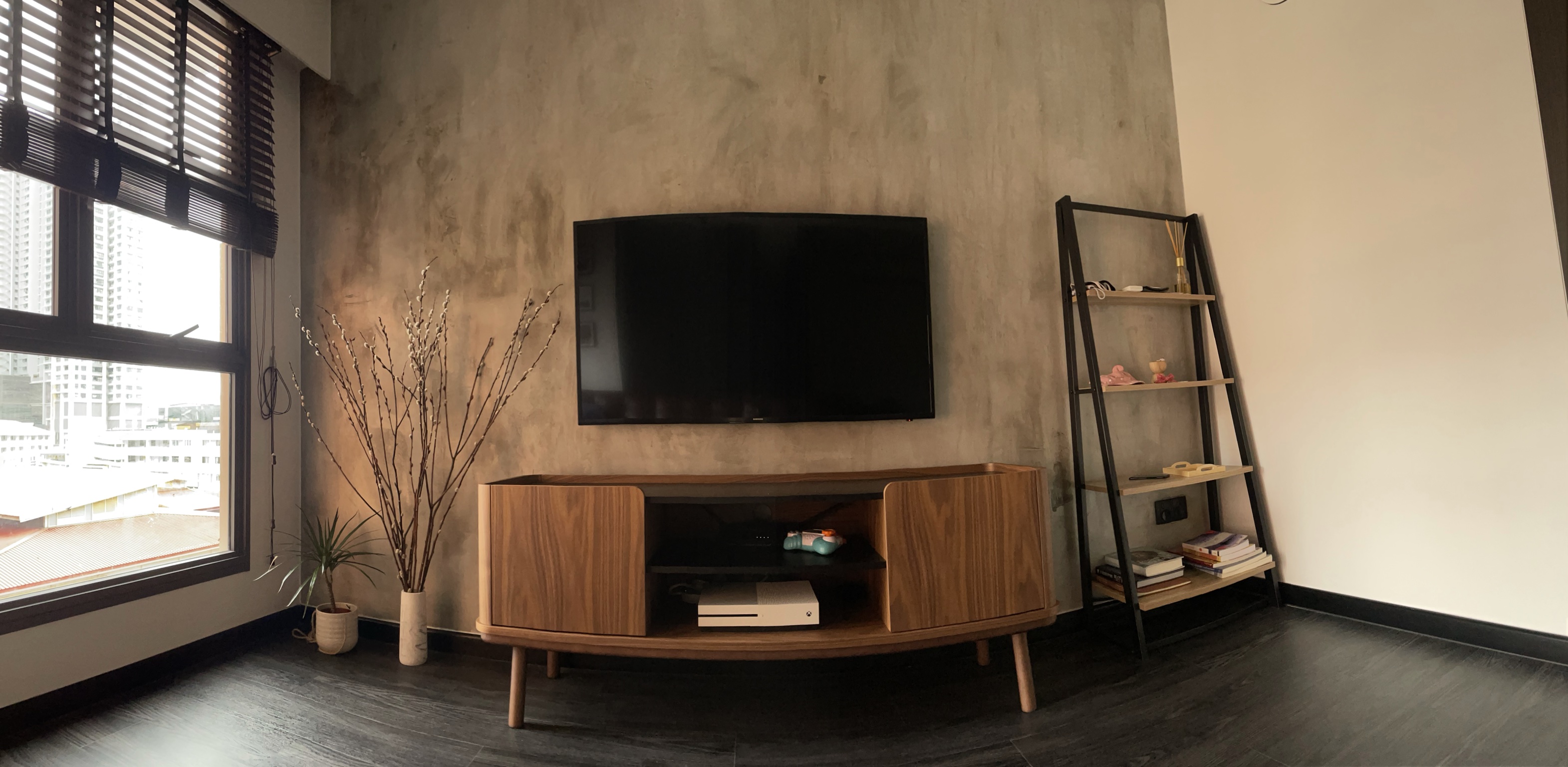 Reimagined boundaries & enlarged common spaces for us - Modern living room, minimalist decor, large window, cityscape view