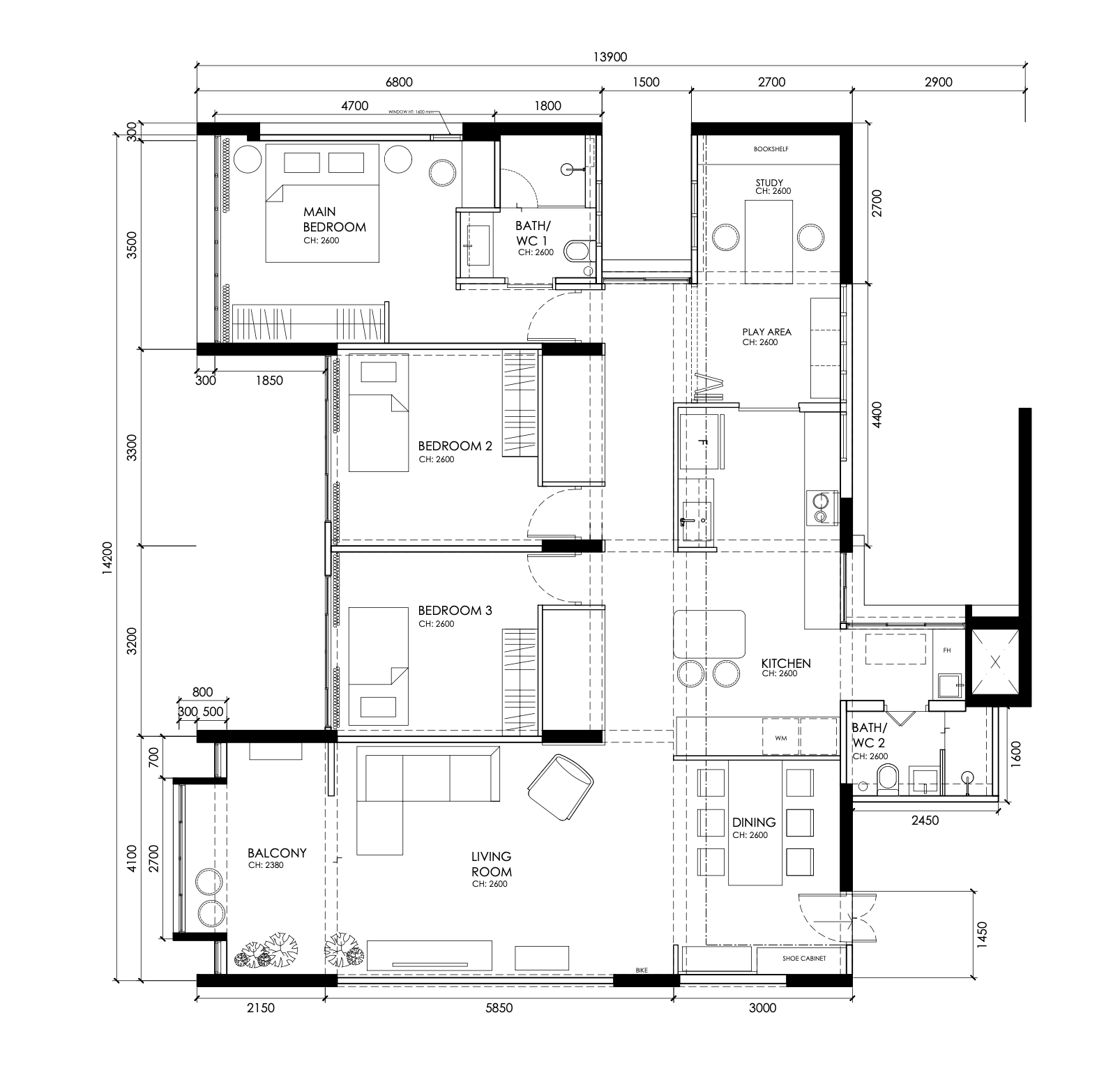 Light-filled, Open-plan Scandi Executive Apartment - Living area, kitchen, dining, balcony, study, study room, bedroom