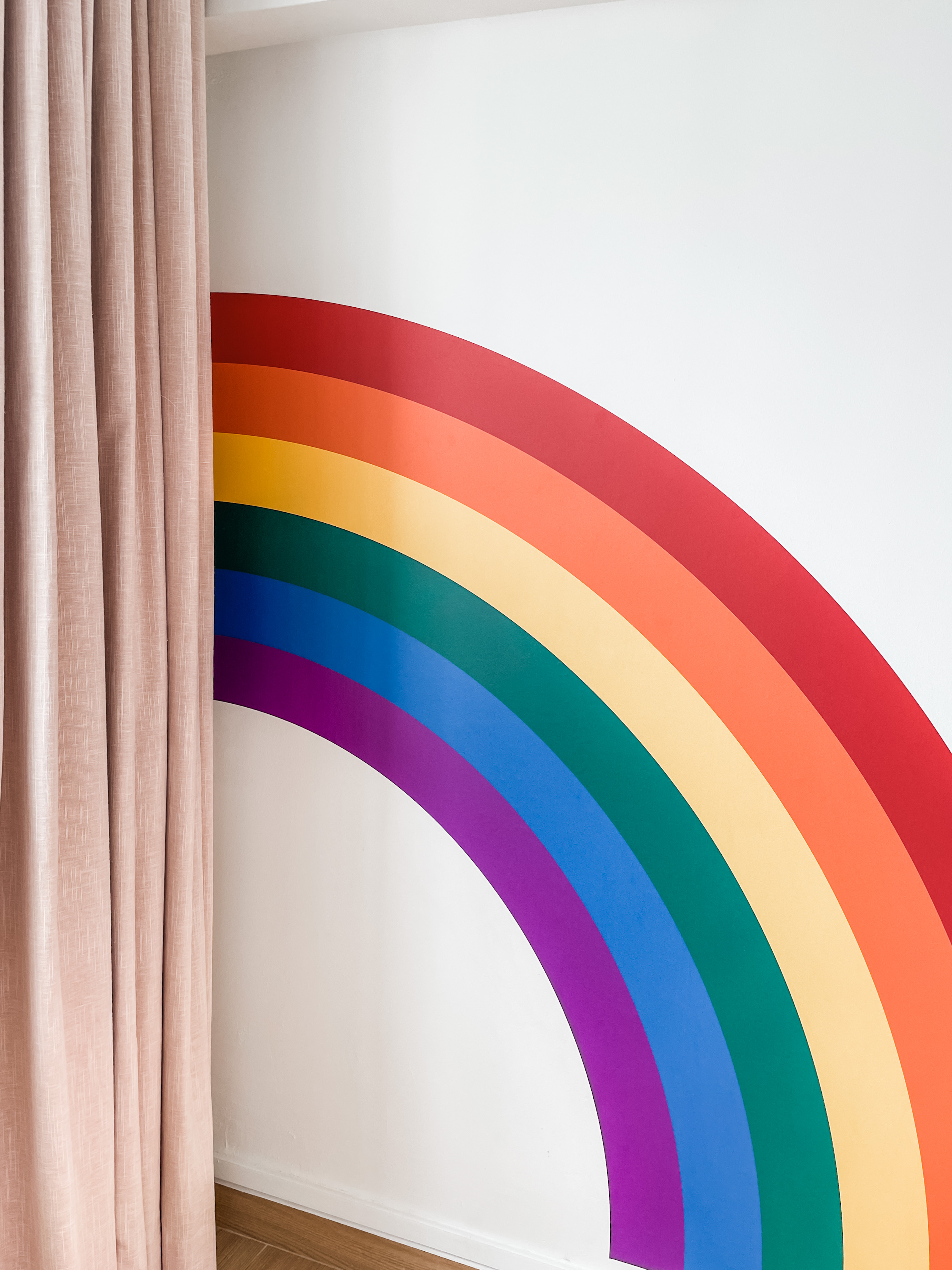 Light-filled, Open-plan Scandi Executive Apartment - Pink curtains, pastel curtain, rainbow colors, abstract design, colorful