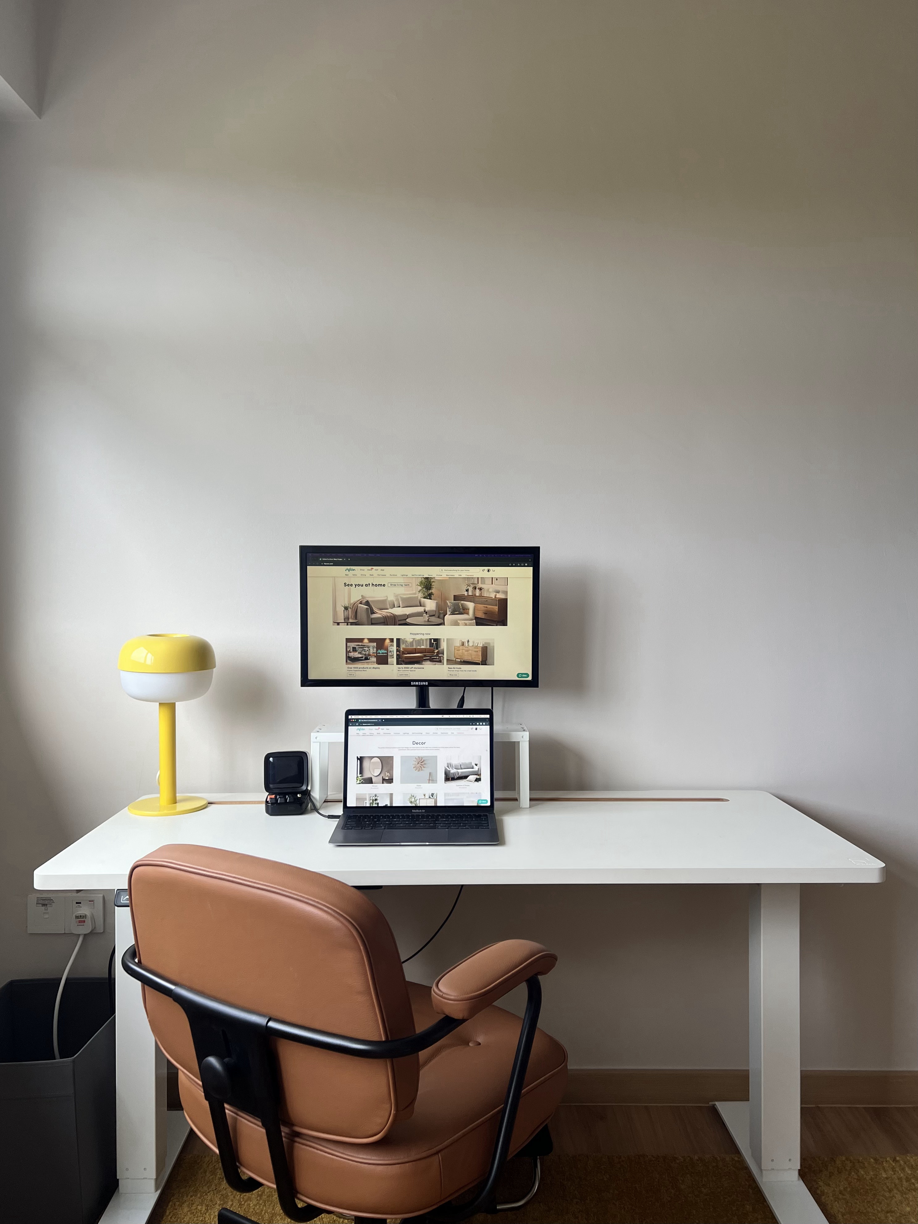 From Blank Canvas to Cosy Haven - Modern workspace, minimalist decor, home office setup, sleek desk, ergonomic chair, yellow
