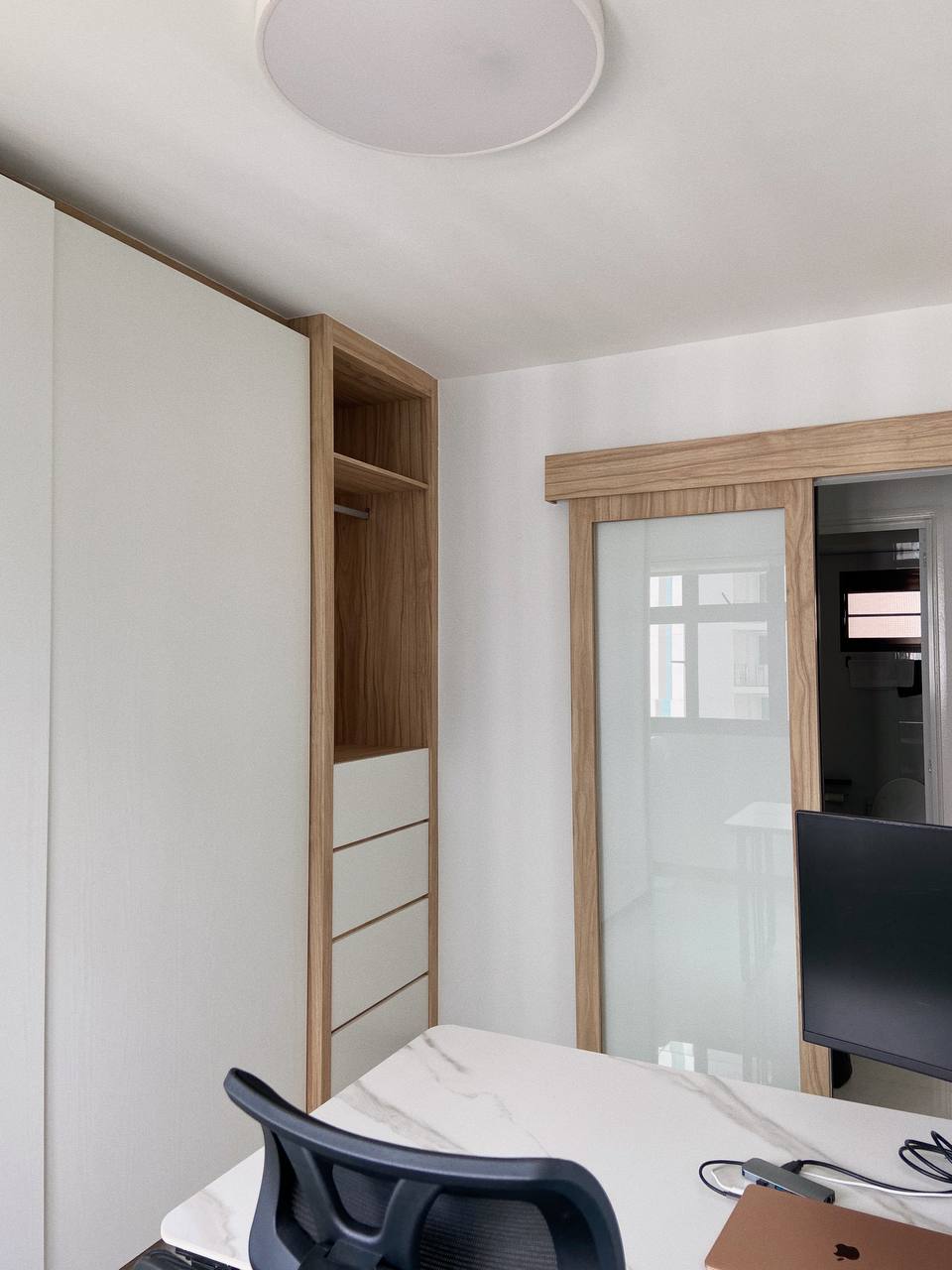 Mid-modern century with hand-me-down built-ins - Wooden wardrobe, minimalist design, white walls, modern decor, open