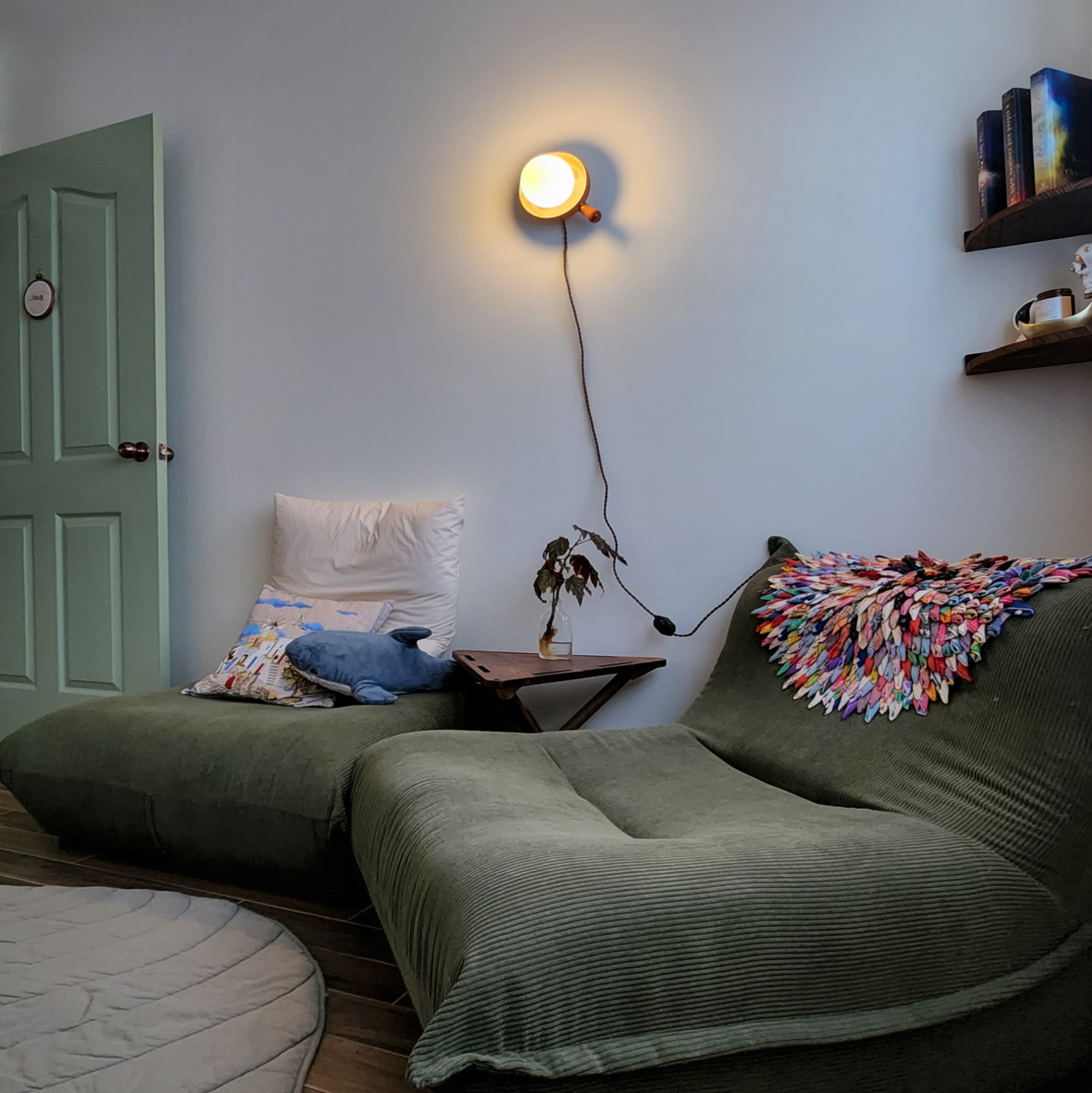 Come in, where it's always autumn (Zakka Vintage BTO) - Green couch, cozy seating, soft cushions, plush pillows, colorful