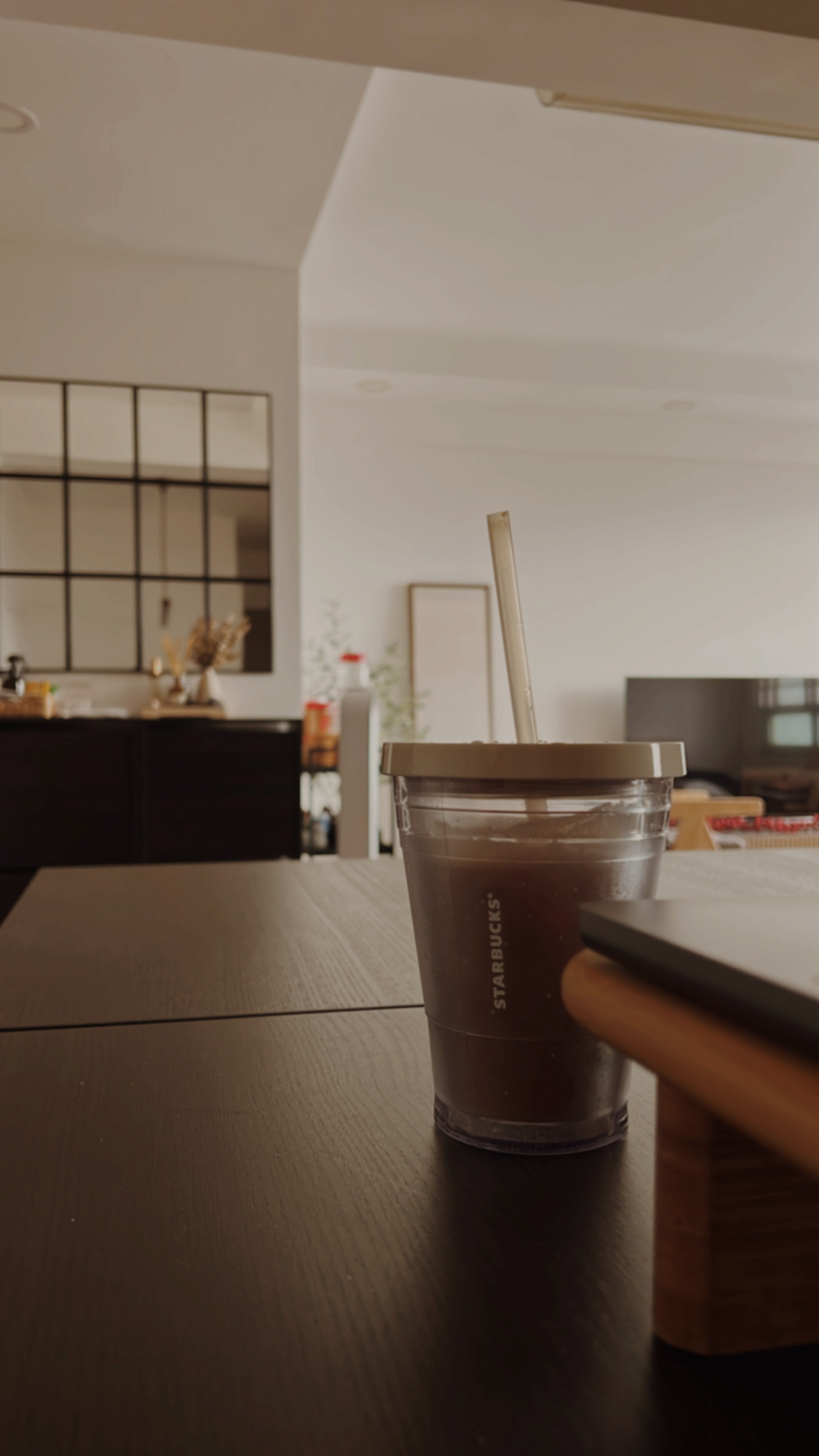 Creating our japandi home on a budget 🤎 - coffee cup, Starbucks, drink, wooden table, modern interior, cozy atmosphere