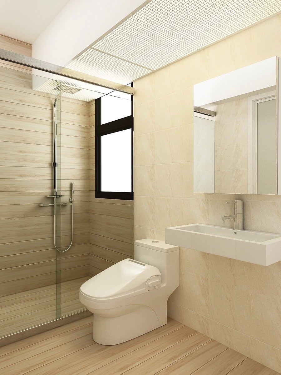 Creating our japandi home on a budget 🤎 - Wooden shower enclosure, glass shower door, beige tiled walls, modern bathroom