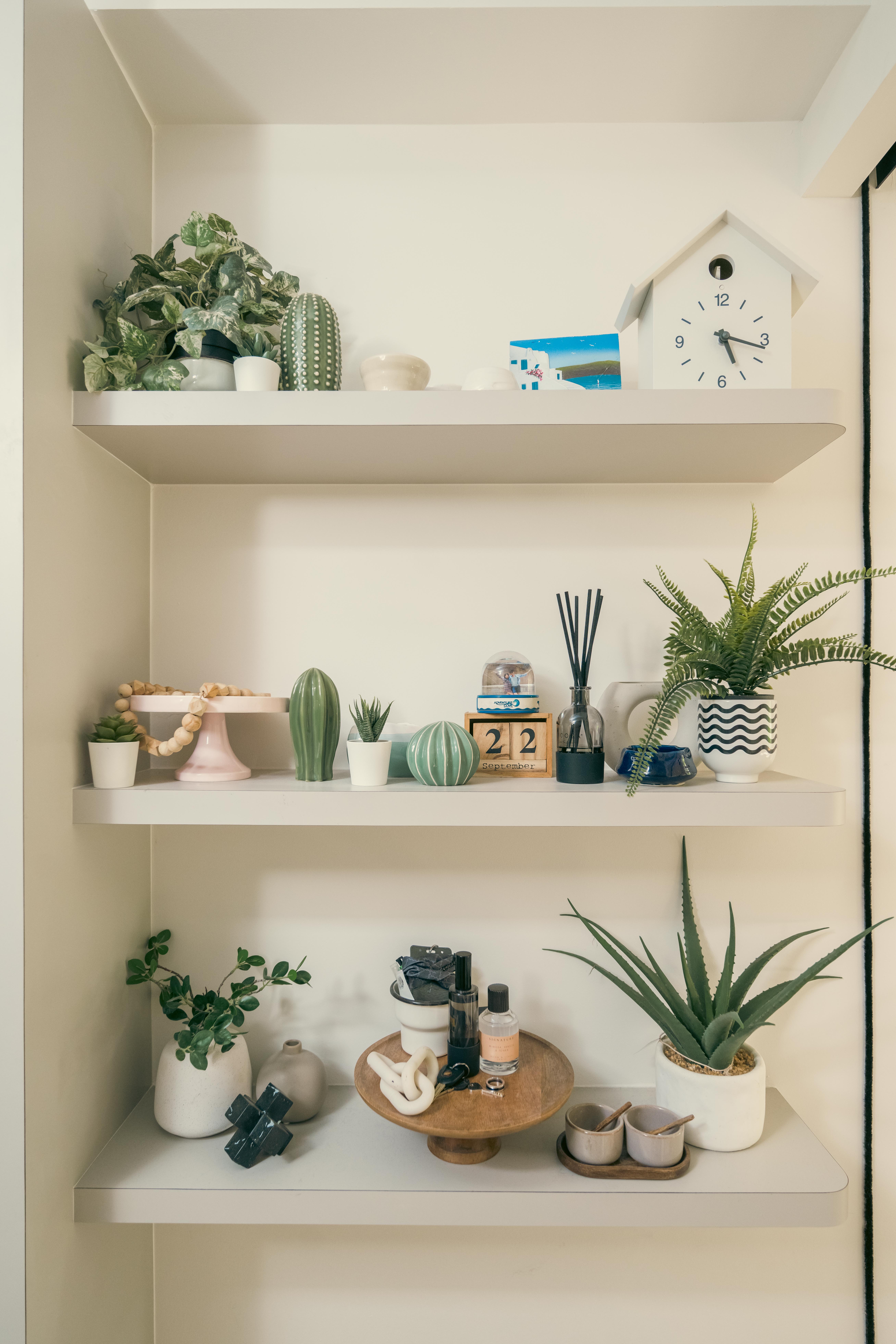 #RUMAHTHEABDULS&#x27; Second Home In The Heart Of Tampines - Framed potted plants, white shelves, minimalist decor, small house