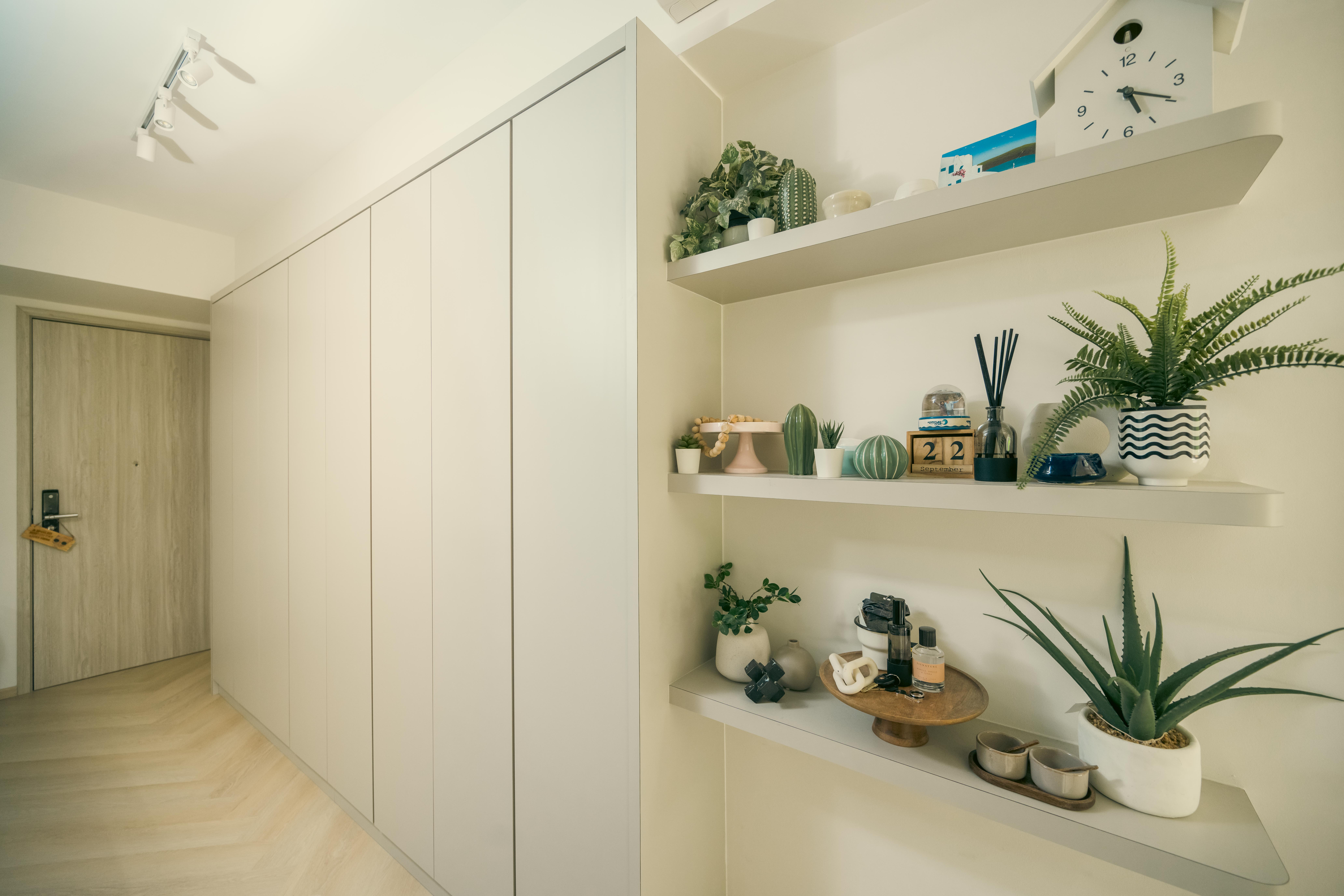 #RUMAHTHEABDULS&#x27; Second Home In The Heart Of Tampines - White minimalist interior, modern shelving unit, light beige walls
