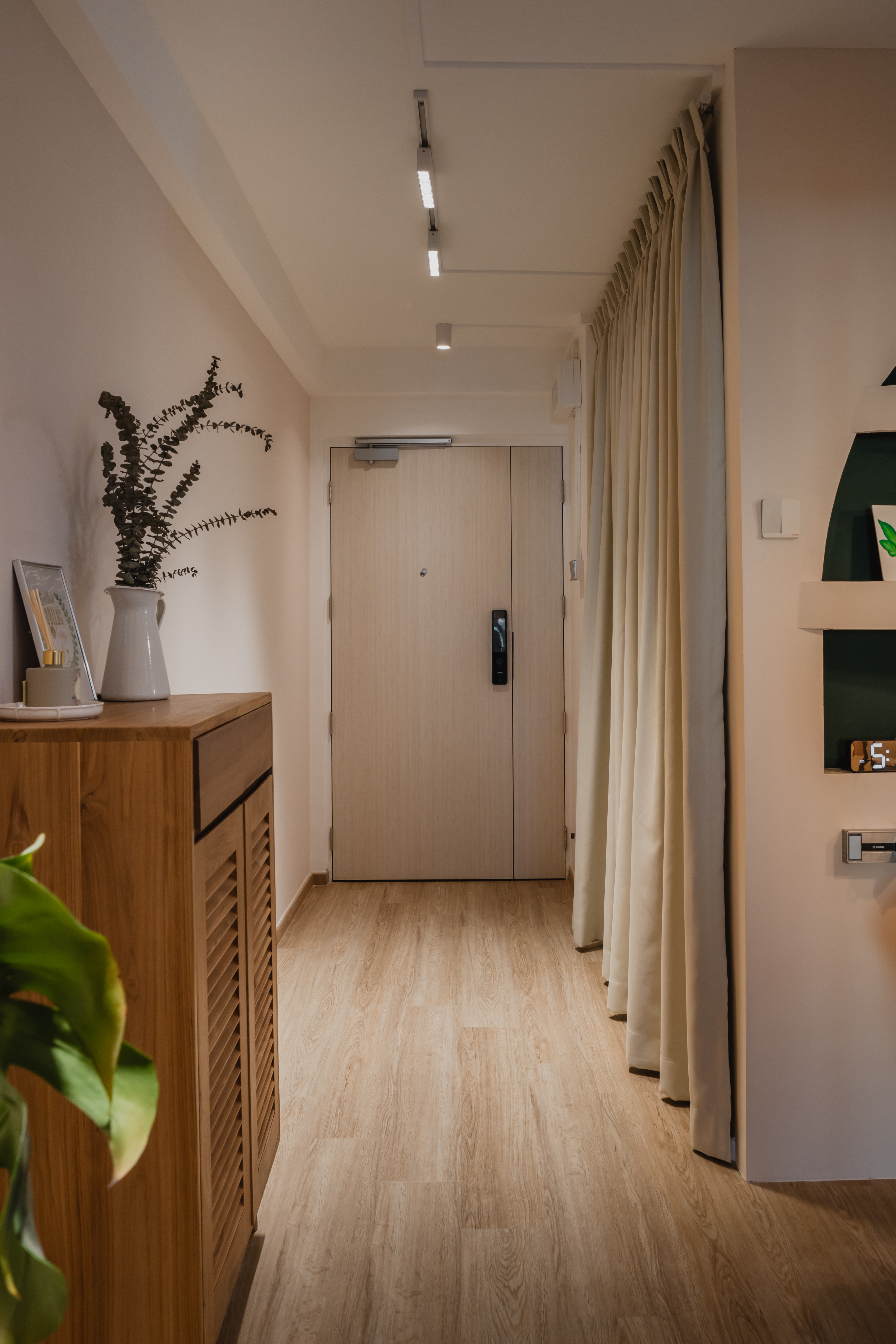 Italian cafe inspired theme  - Wooden floor, beige curtains, modern design, minimalist decor, sleek lighting, wooden cabinet