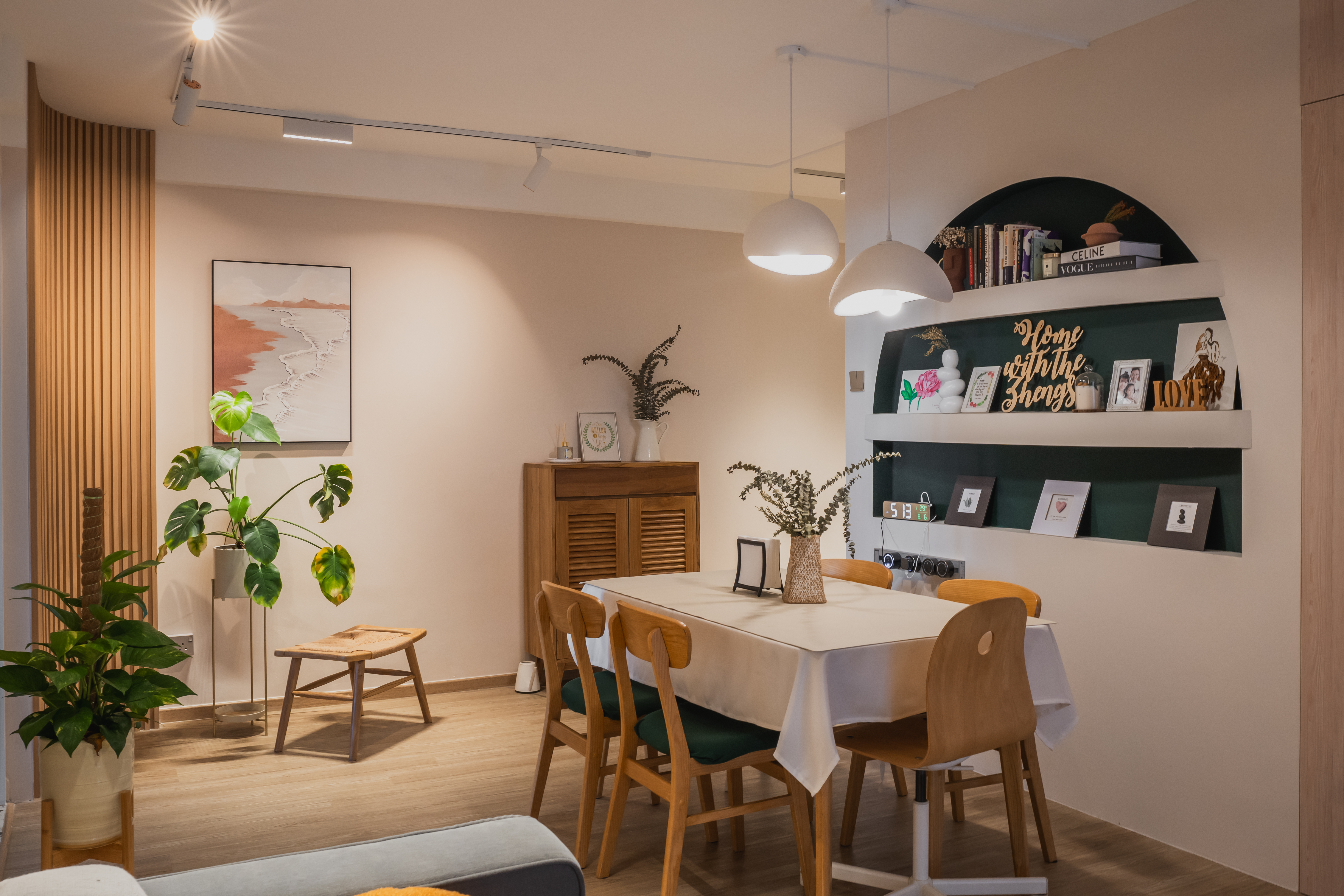 Italian cafe inspired theme  - Modern dining room with wooden furniture, green plants, abstract art, warm lighting