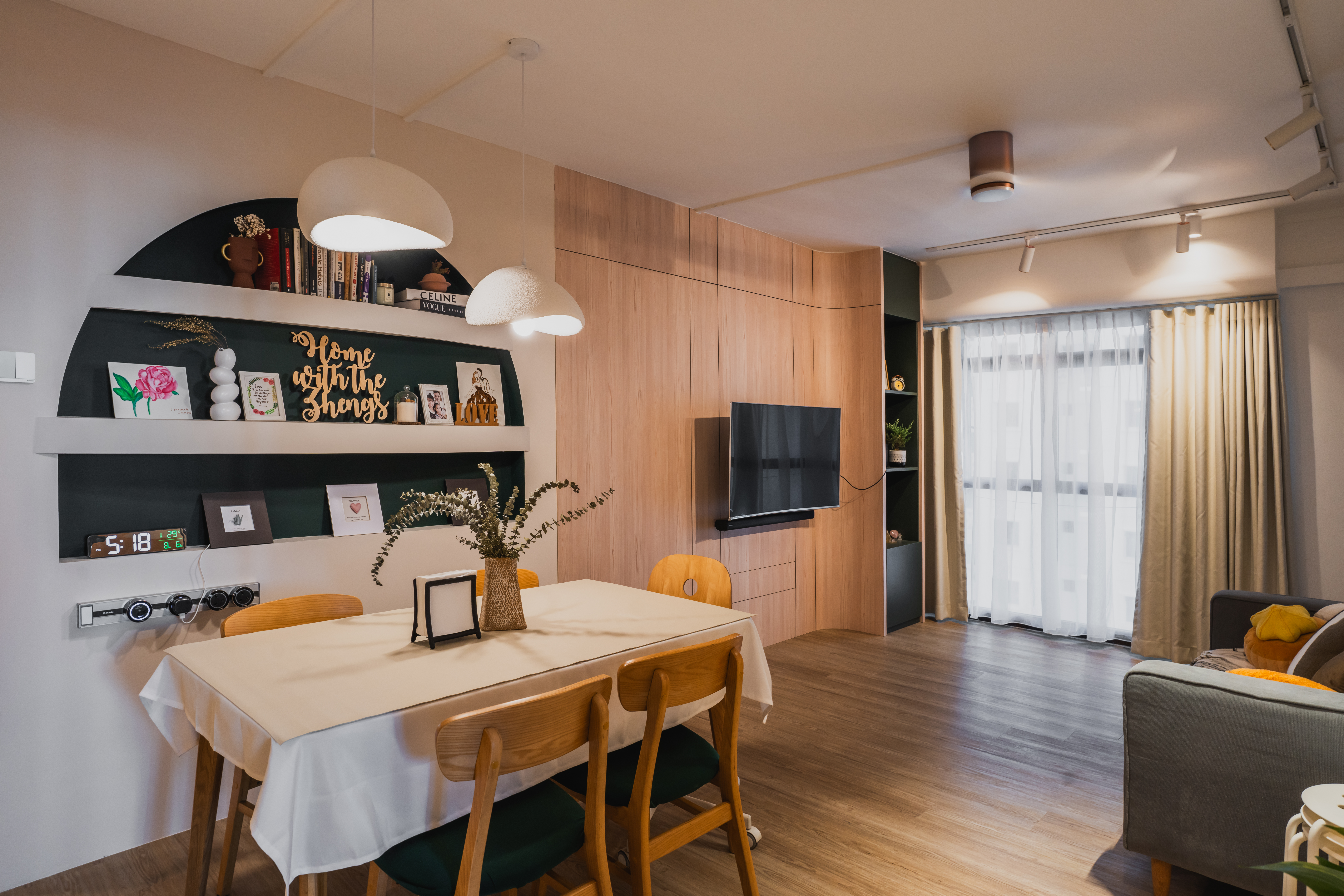 Italian cafe inspired theme  - Modern dining room with wooden furniture, minimalist decor, warm lighting, clock on wall