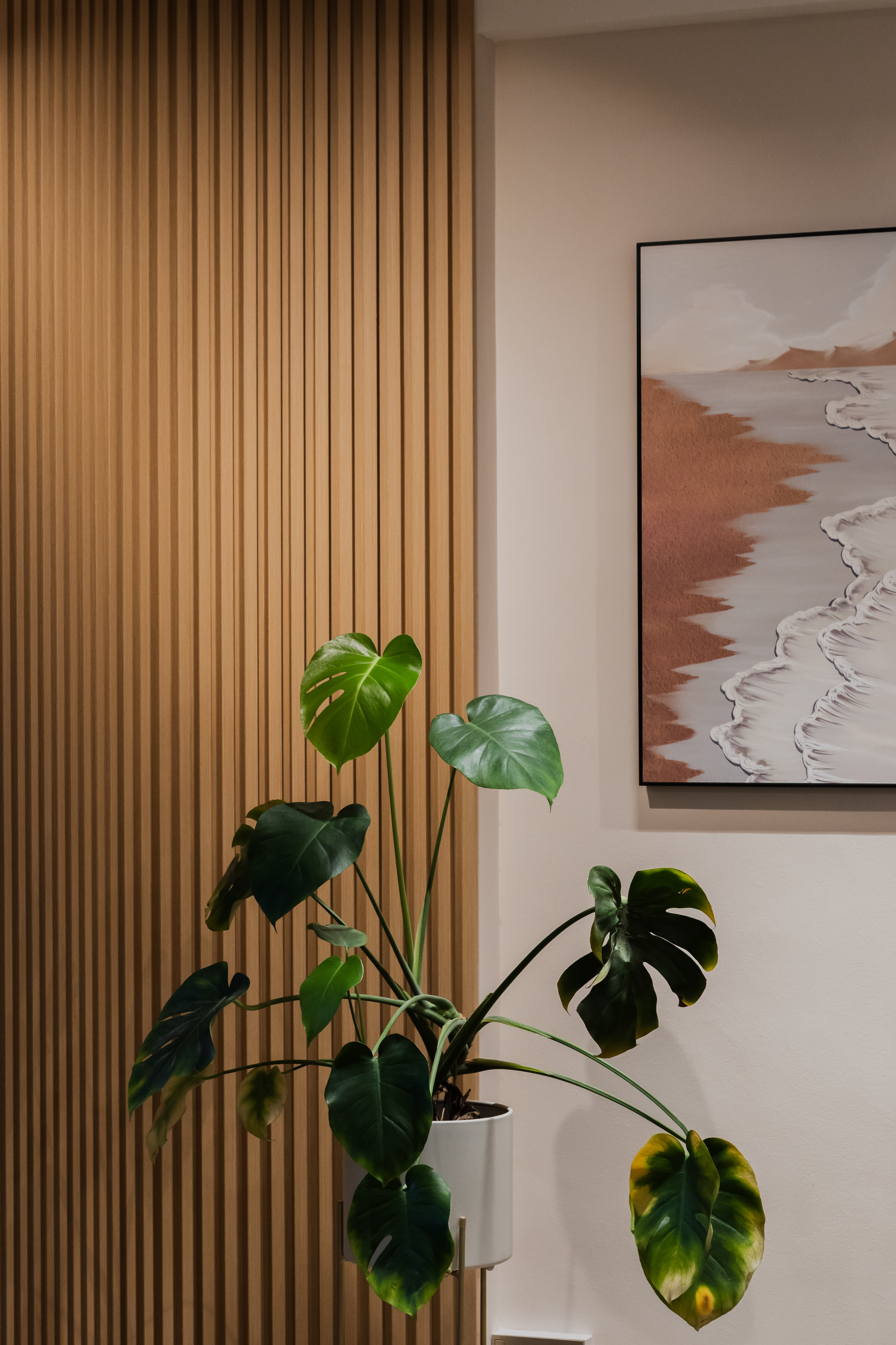 Italian cafe inspired theme  - Vertical wooden panel, modern interior, potted plant with variegated leaves, abstract