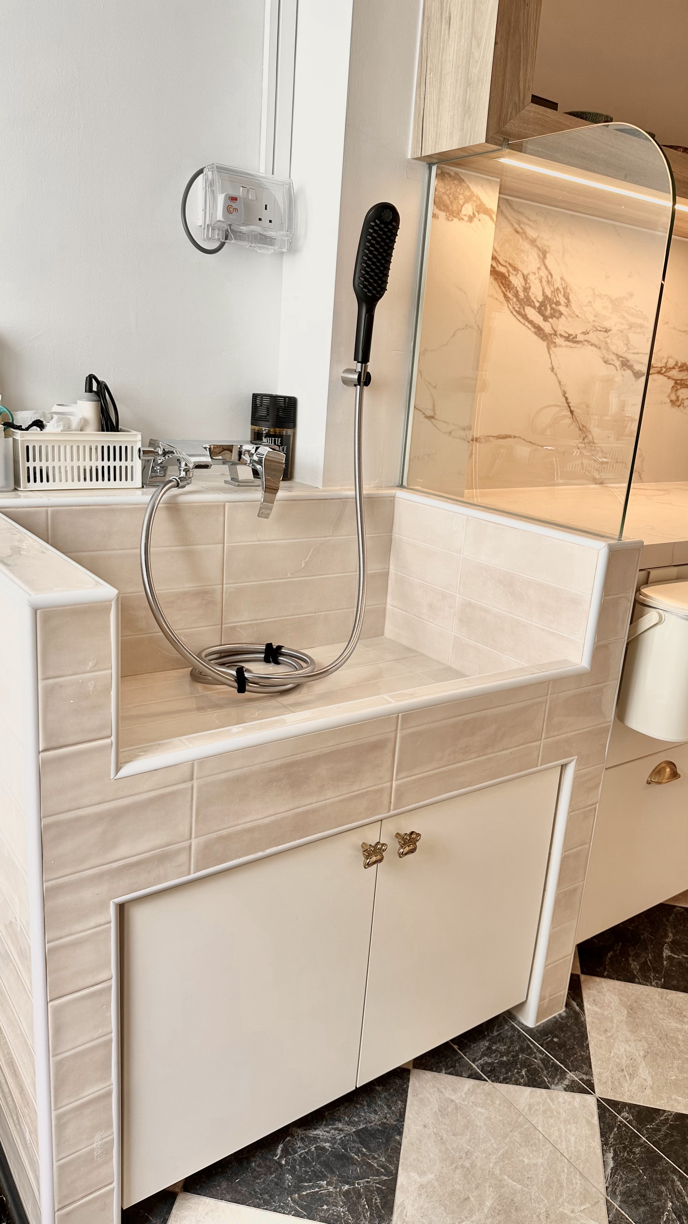 Welcome to oureastsideflat! ✨ - Clear modern bathroom sink with chrome faucet, beige tiled countertop, white cabinet with