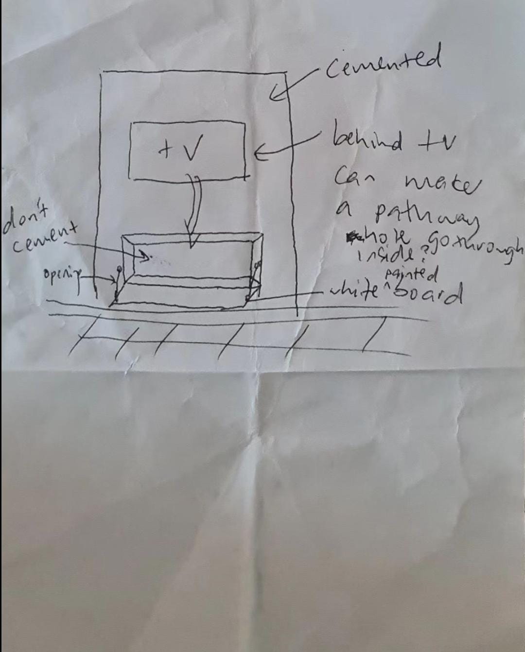 PunggoHField's white minimalist home at $25k - TV mounted on cemented surface, Pathway inside TV, painted white board, Open