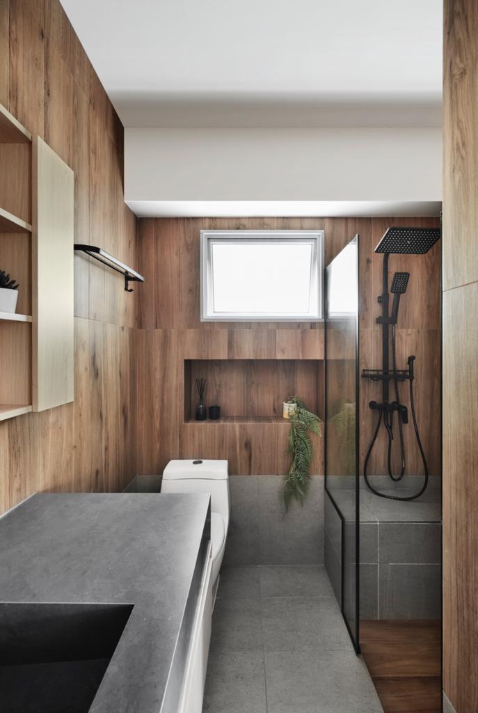 House designed to outsmart hungry dogs - Wooden walls, modern design, minimalist bathroom, sleek fixtures, large window