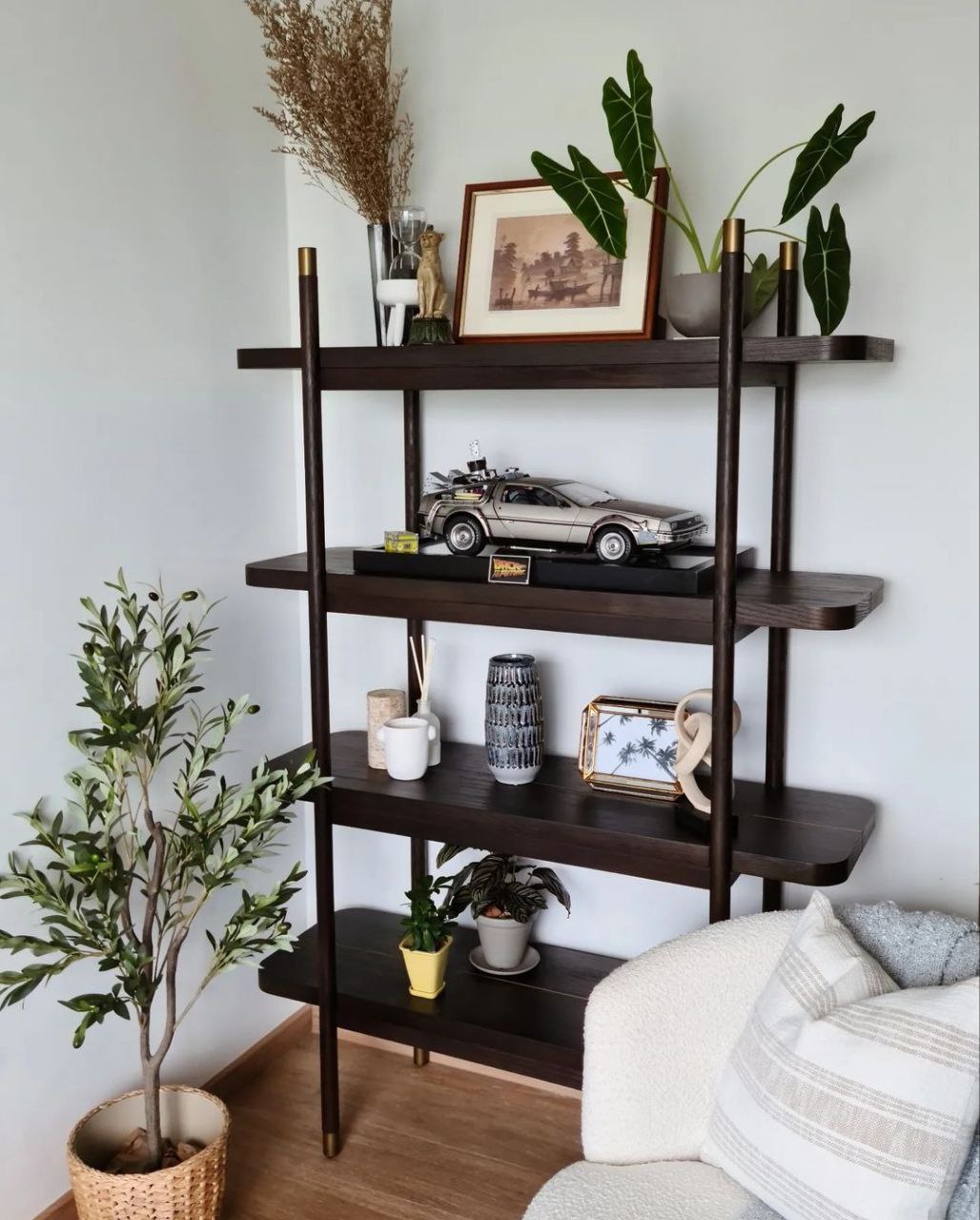 My Cosy Breezy Home - A Palette of Textures and Charms - modern living room corner, stylish shelving unit, minimalist decor