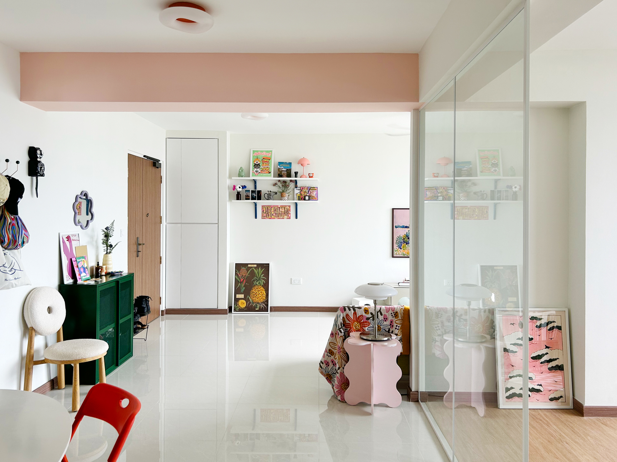 A quirky 93sqm home with pops of colour and 3 cattos - Modern minimalist interior, white walls, pink accent wall, floating