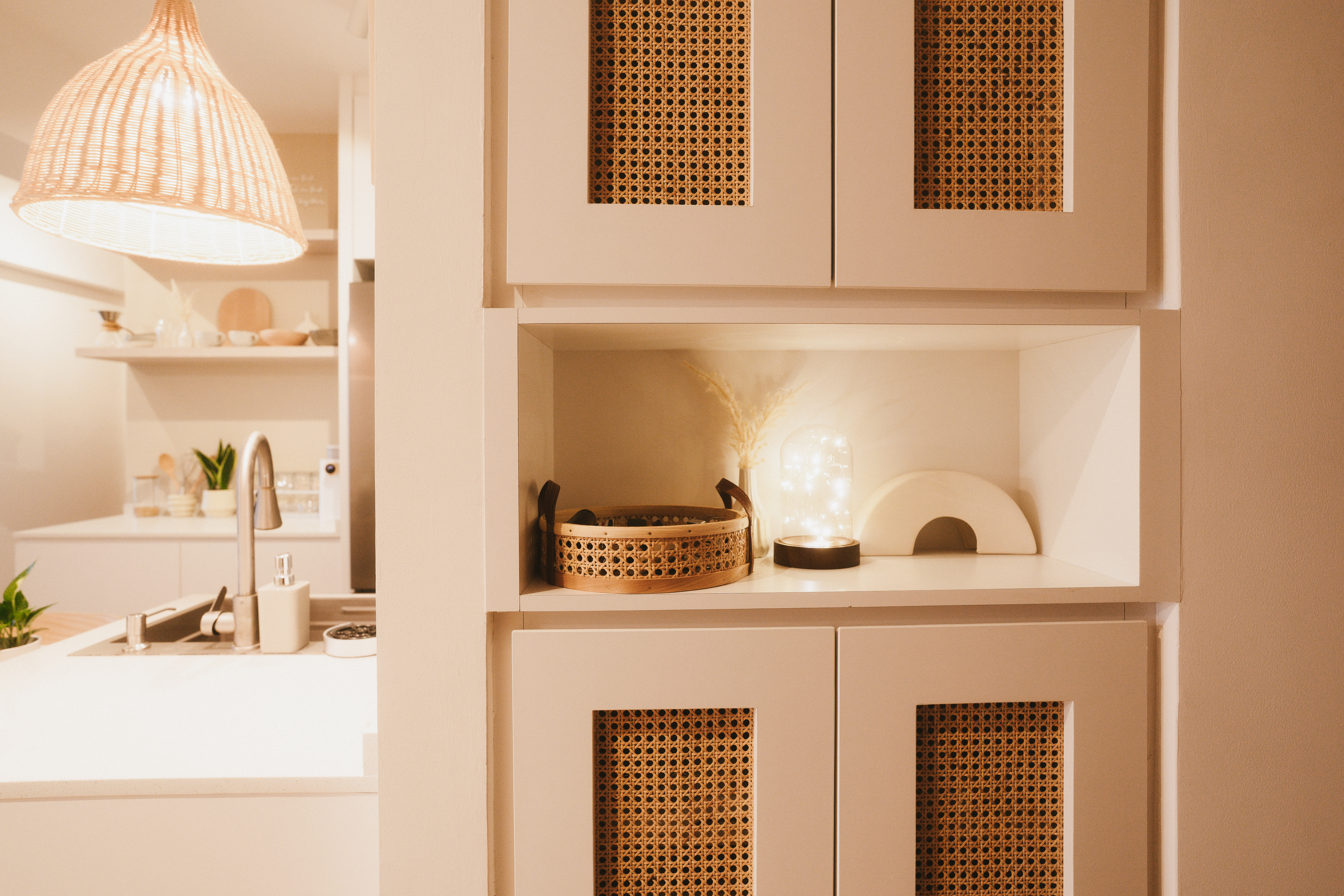 Welcome to OurTayHouse | Home tour | 3-Rm BTO | Bidadari - Cabinetry with woven dividers, soft warm lighting, kitchen island