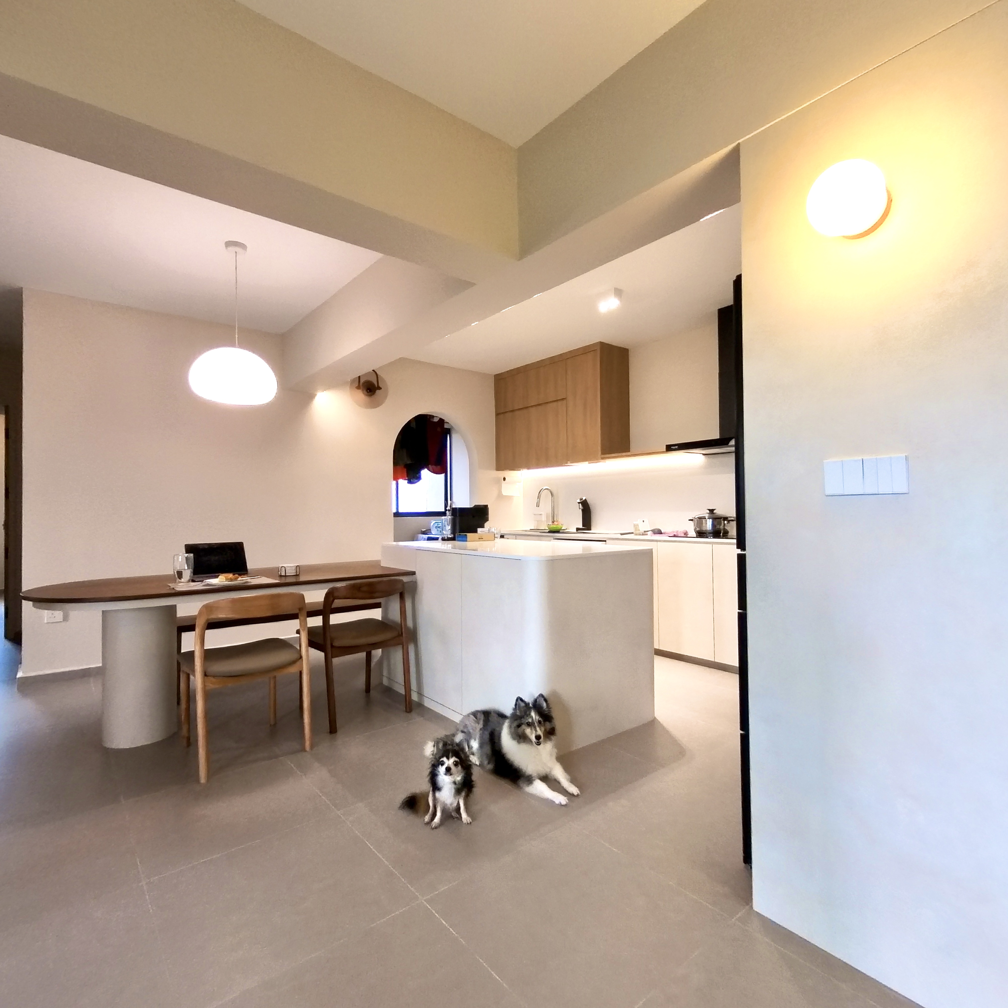 Come take a walk through our minimalist home - Modern kitchen with wooden dining table and chairs, sleek kitchen cabinets