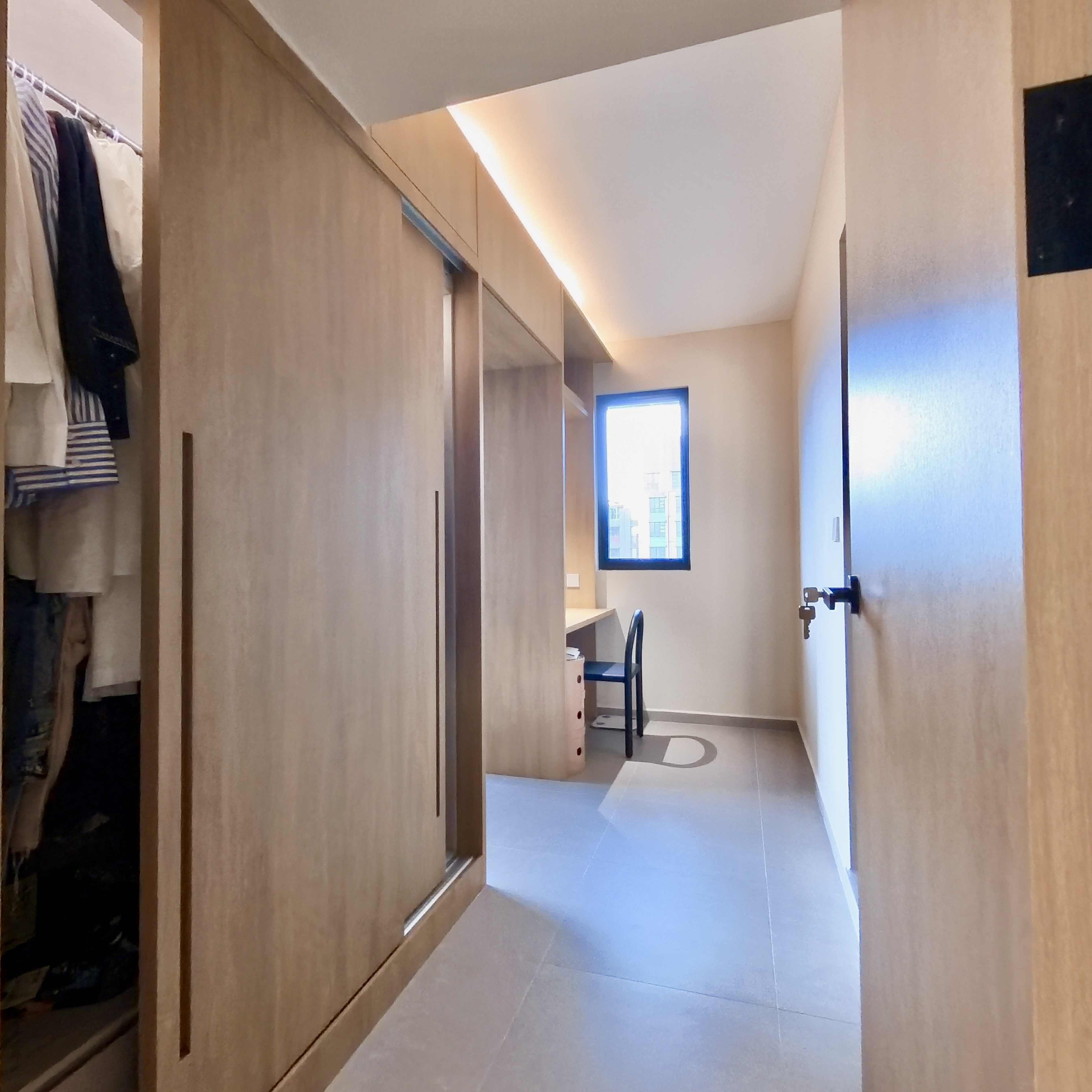 Come take a walk through our minimalist home - Wooden wardrobe, open closet, light beige color, modern design, neatly