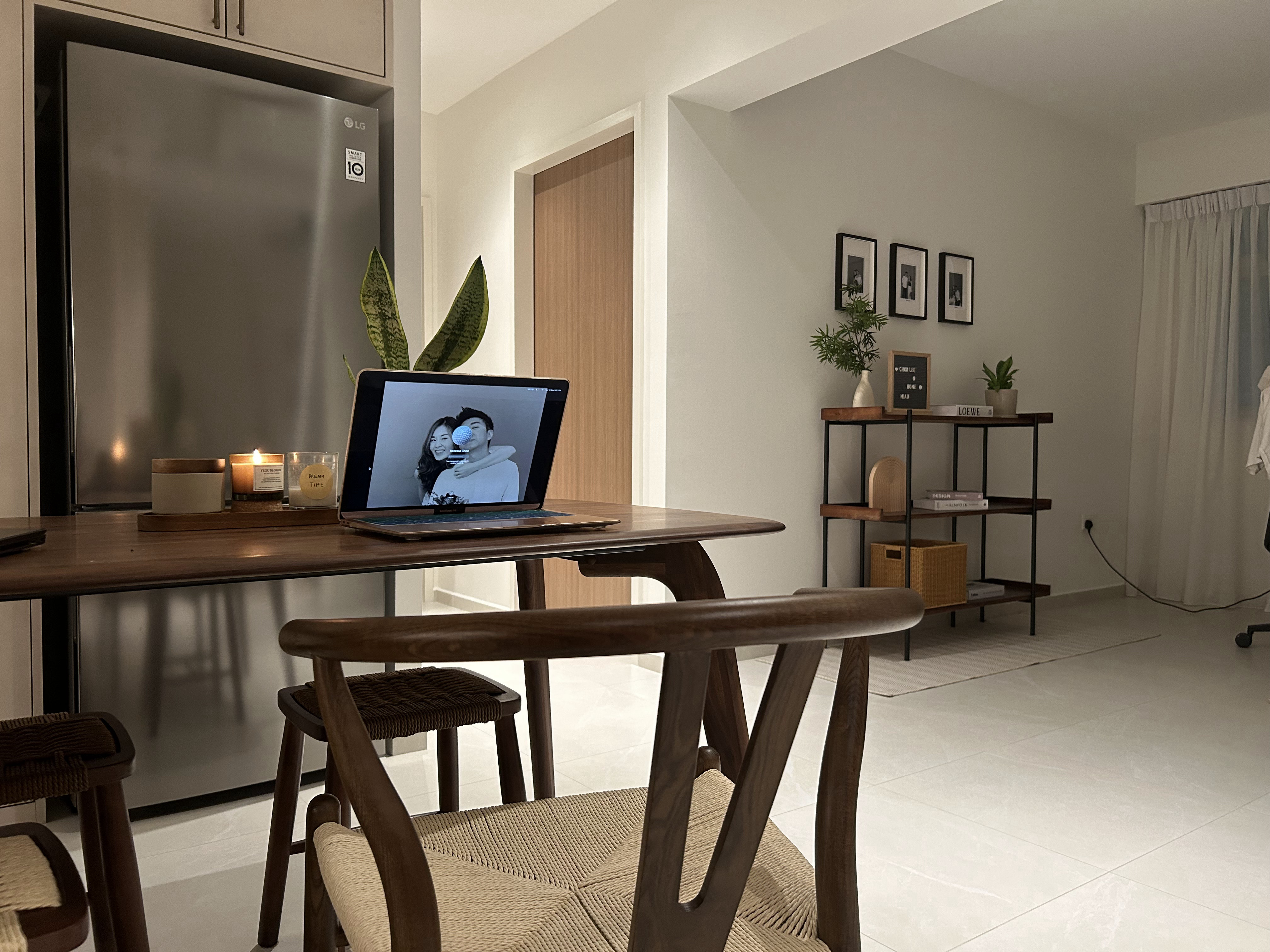 Elevating Your Small Study Nook!  - Modern kitchen with stainless steel refrigerator, wooden dining table, comfortable