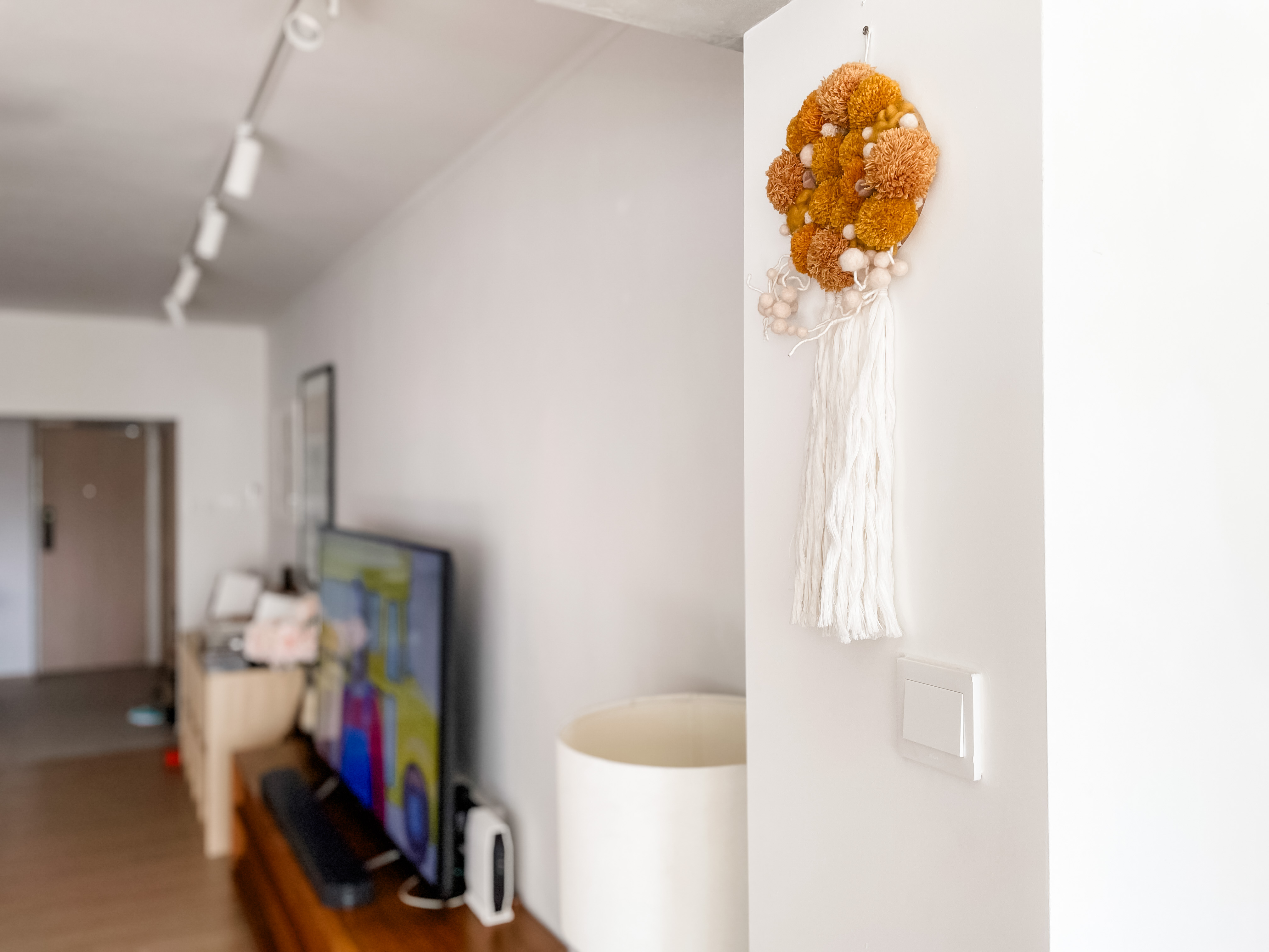 Step Into Our Snug & Soothing Living Space - wall decoration, modern decor, autumn wreath, white tassel, fluffy pom-poms