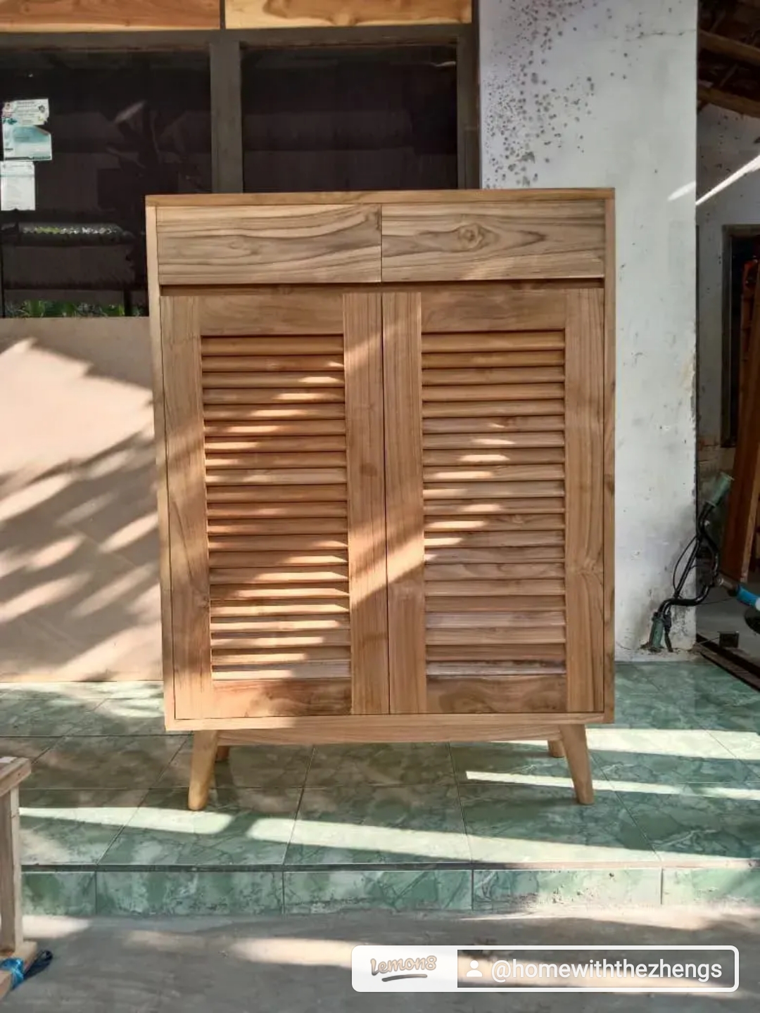 Customized Teak Grade A shoe cabinet and woven stool - Wooden cabinet, outdoor setting, wooden slats, natural wood finish