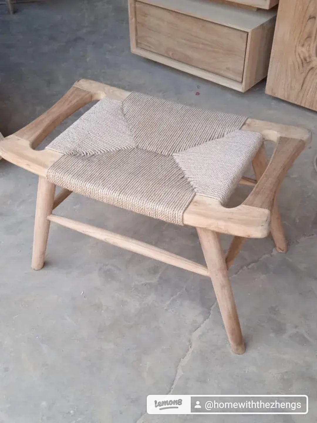 Customized Teak Grade A shoe cabinet and woven stool - Wooden chair with woven seat, rustic design, natural wood finish