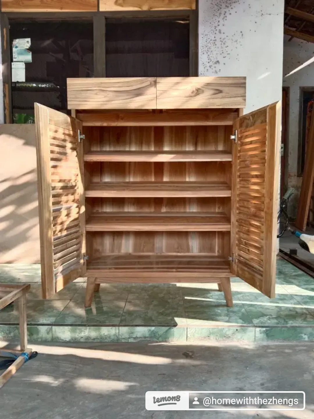 Customized Teak Grade A shoe cabinet and woven stool - Wooden shelving unit, open shelves, rustic design, wooden texture