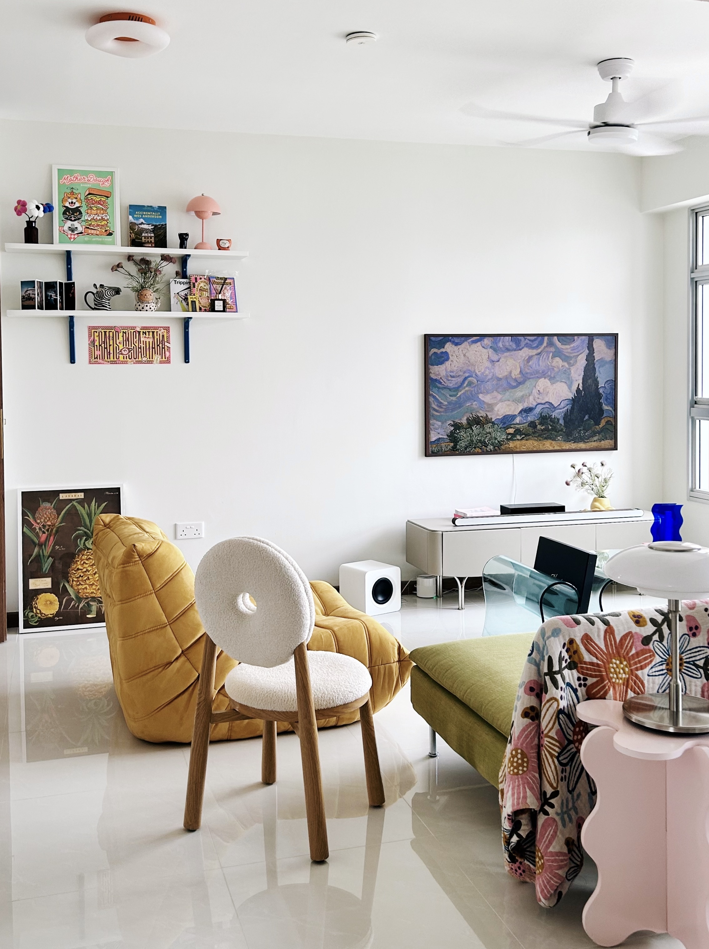 Creating our cosy and vibrant living room - Modern living room with vibrant decor, mustard yellow chair, green cushioned