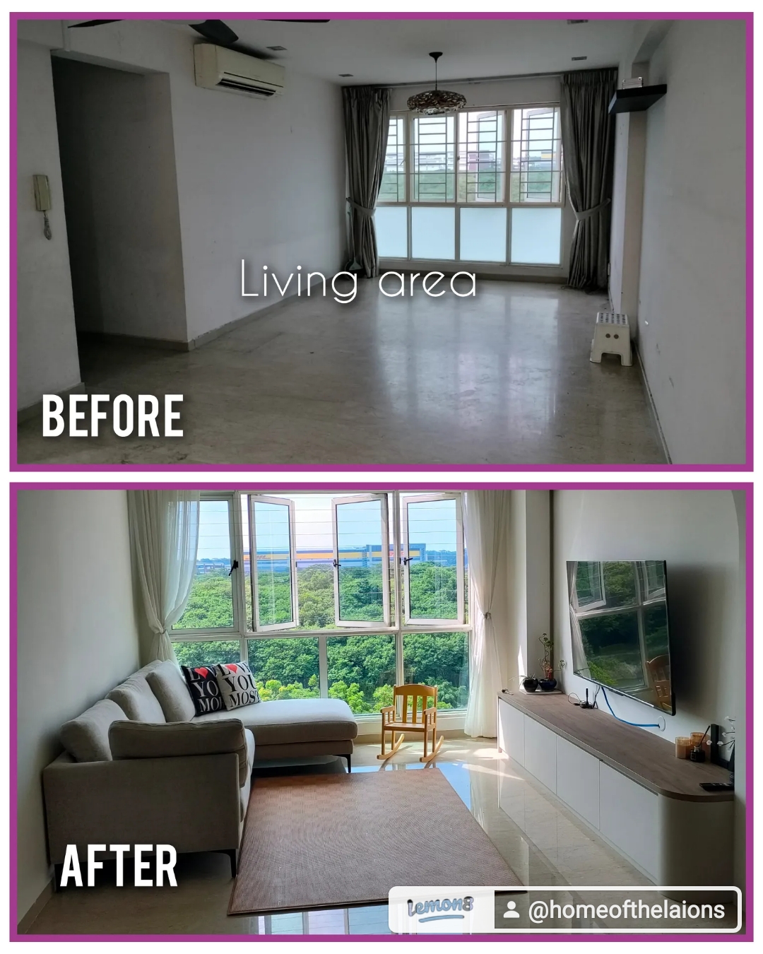 Living room where we gather for family bonding - Living area, before and after, spacious room, modern design, clean lines