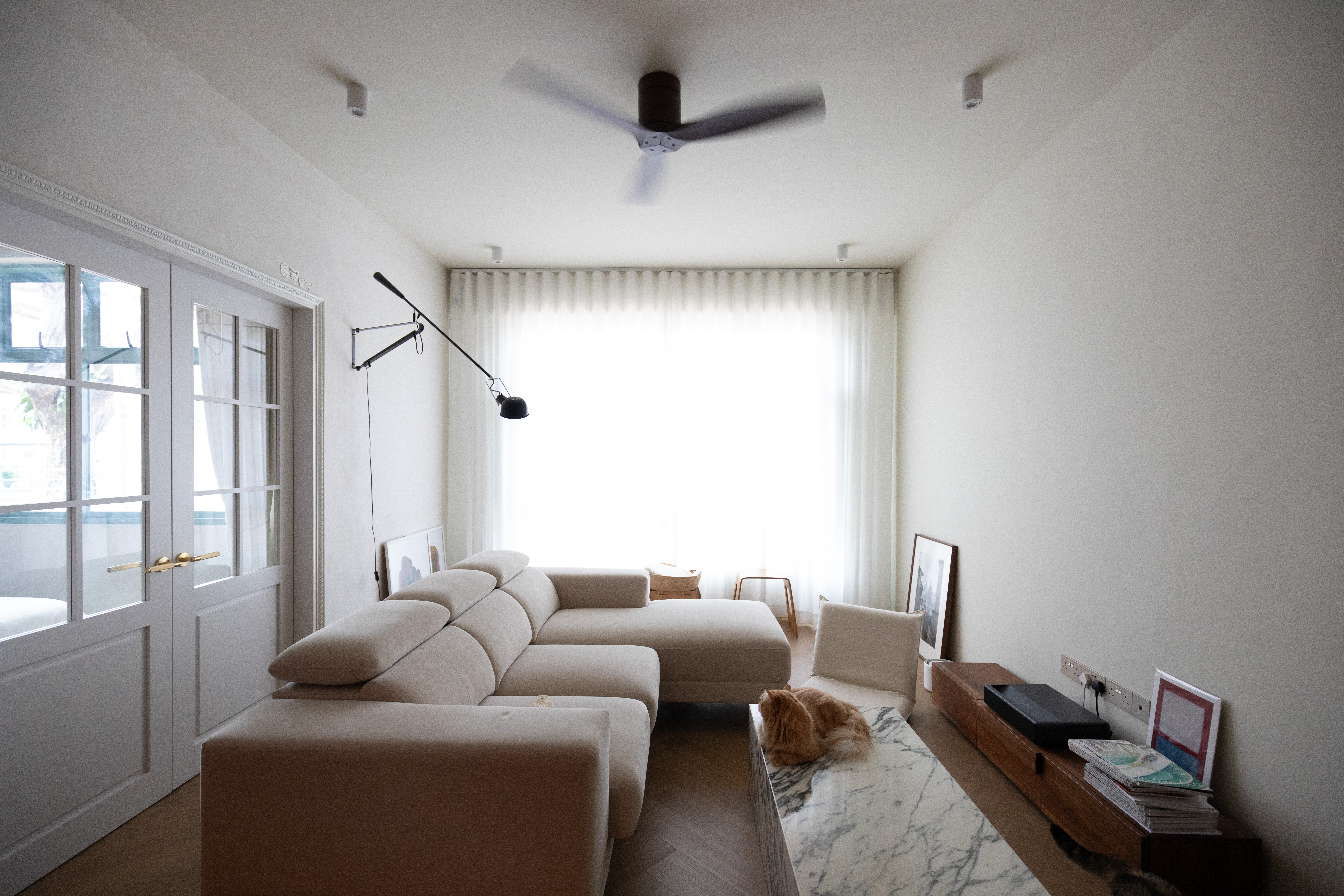 Our 4m x 5m Living Room - Modern minimalist living room, neutral color palette, large window with sheer curtains, beige