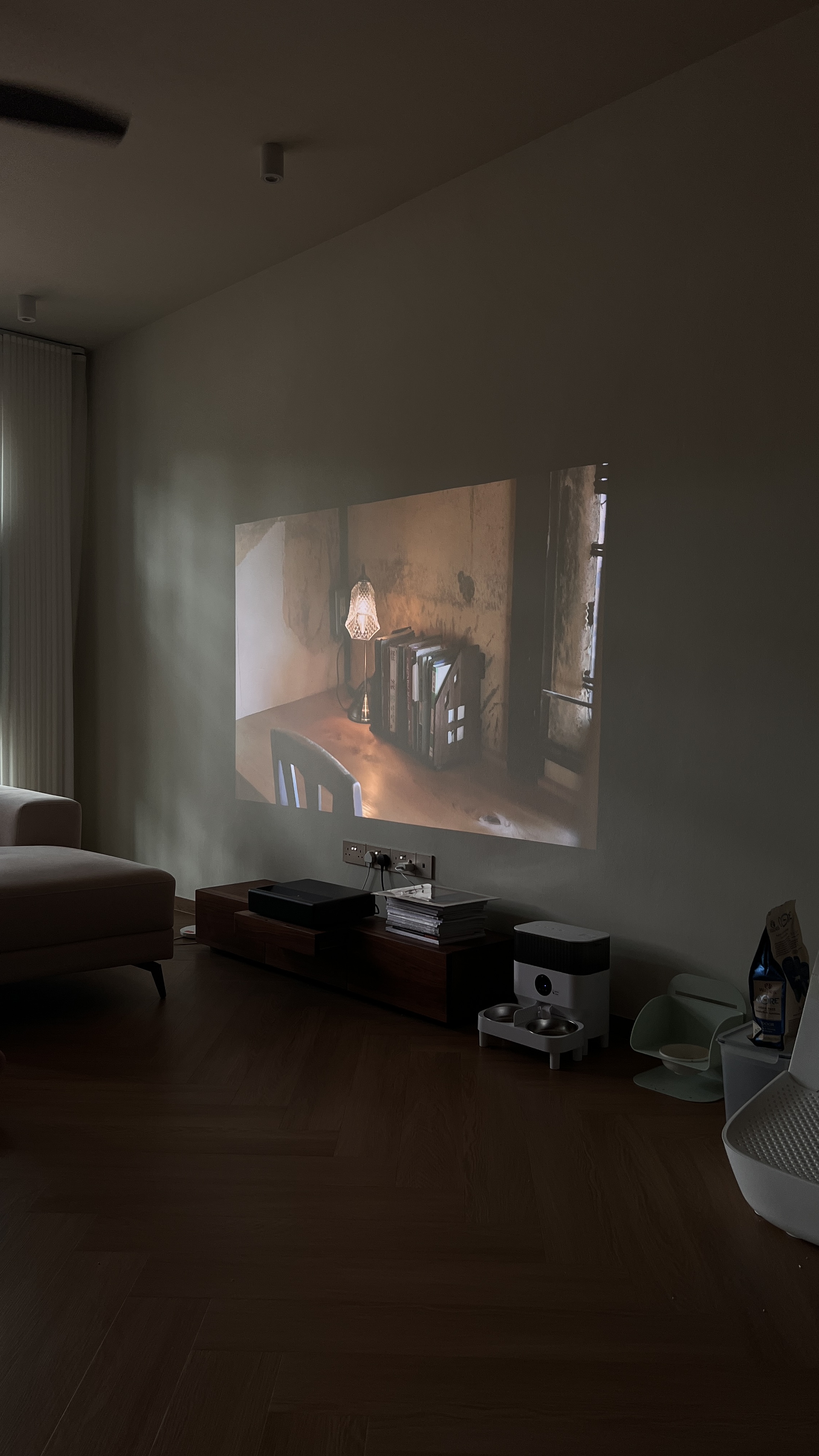 Our 4m x 5m Living Room - dimly lit room, cozy ambiance, soft lighting, warm tones, ambient light, natural light, soft