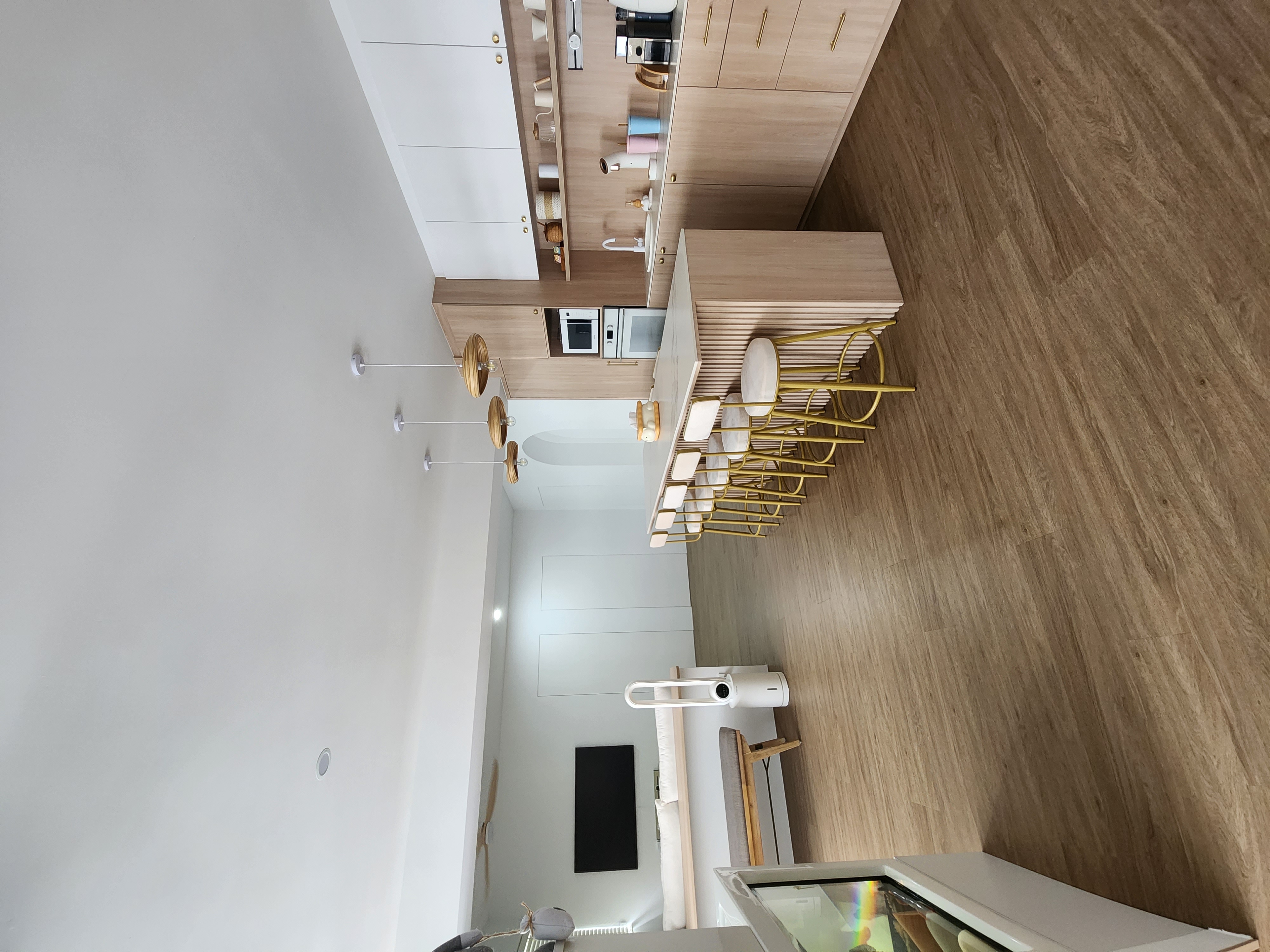 All in one living room: Dry kitchen, living area & chill space  - Modern kitchen with wooden cabinets, minimalist design