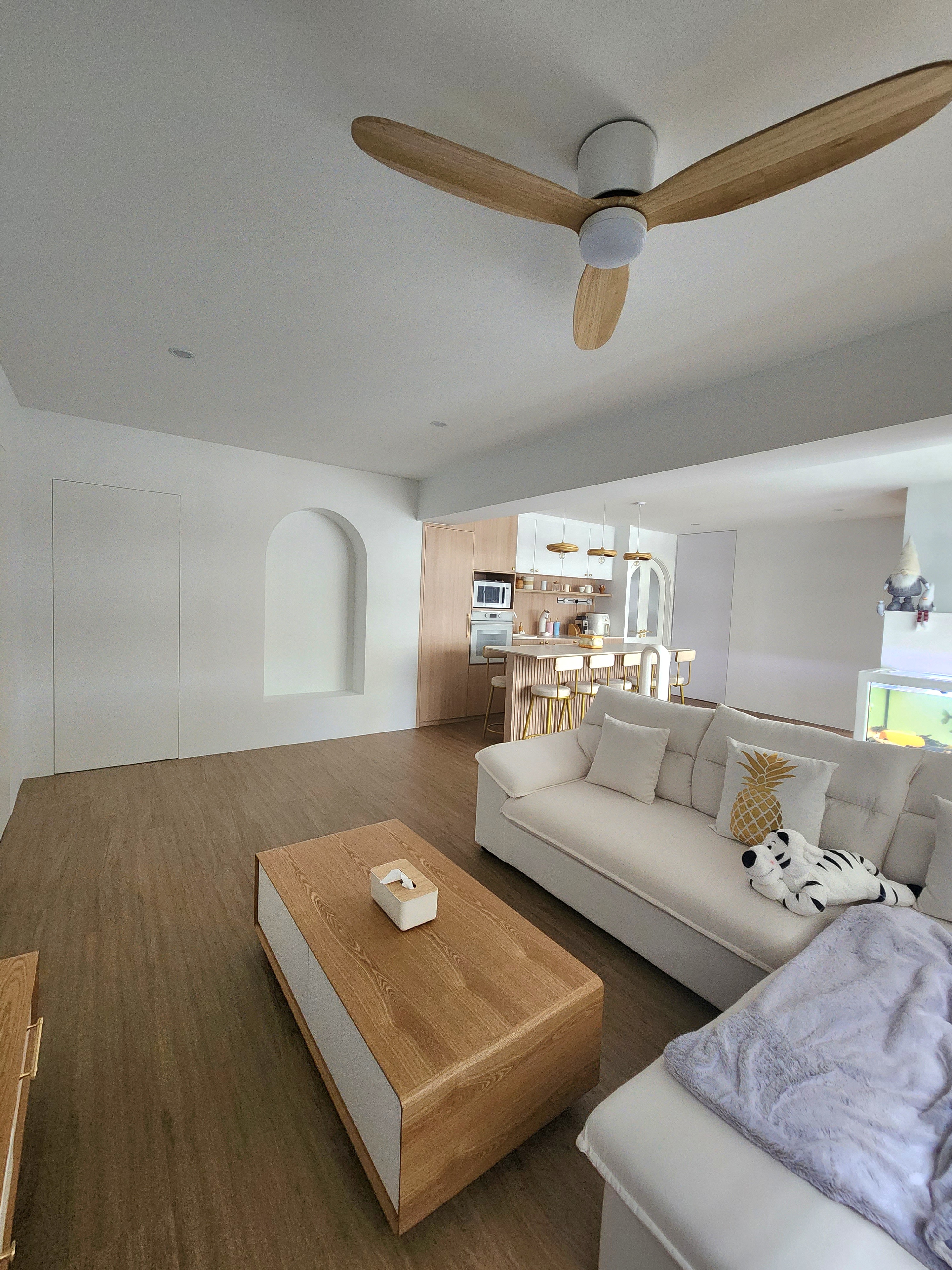 All in one living room: Dry kitchen, living area & chill space  - Wooden ceiling fan, minimalist living room, modern