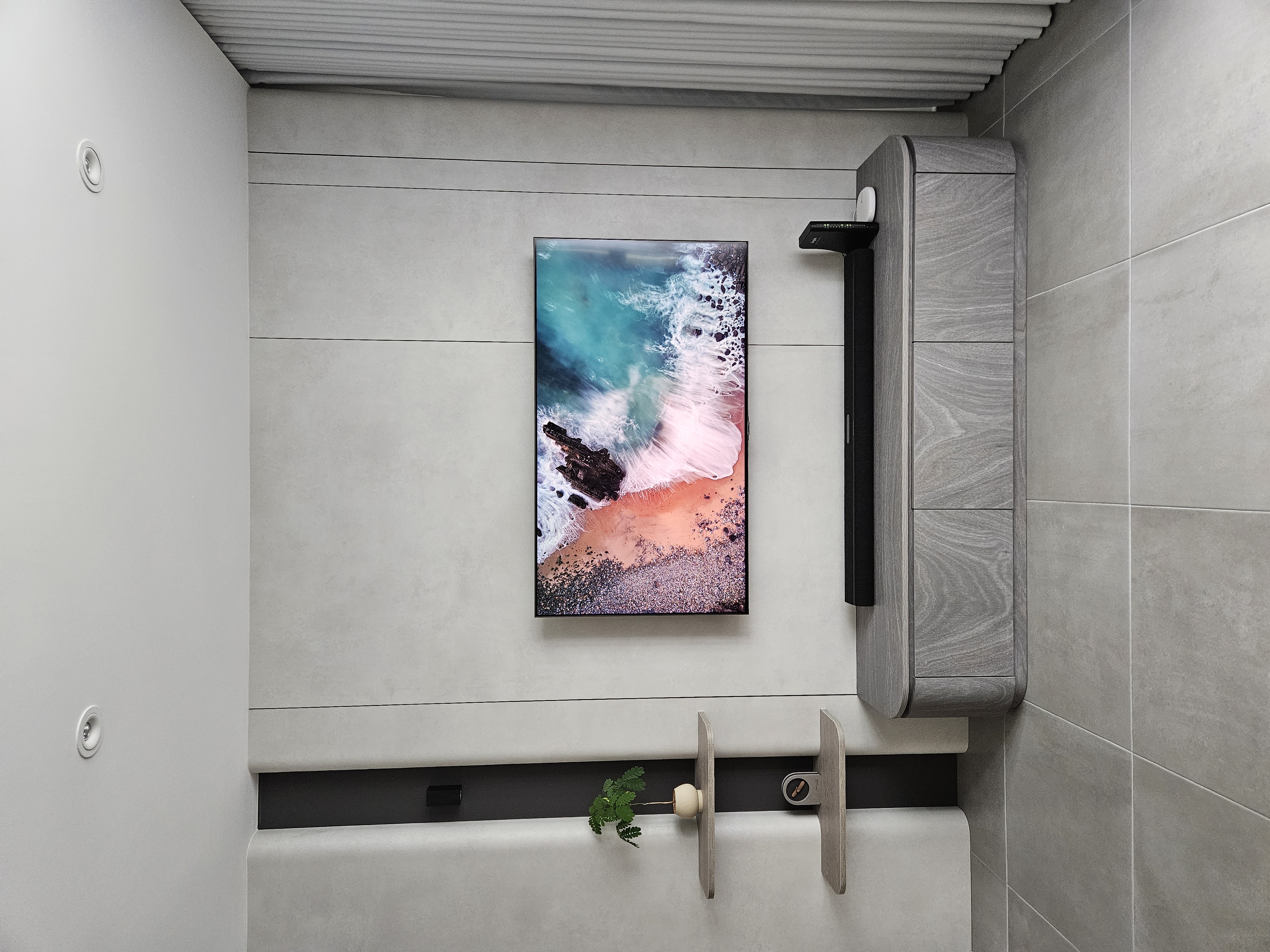 Clutter Free And Cozy Living Room - Modern bathroom, sleek design, minimalist decor, floating shelf, wall-mounted TV