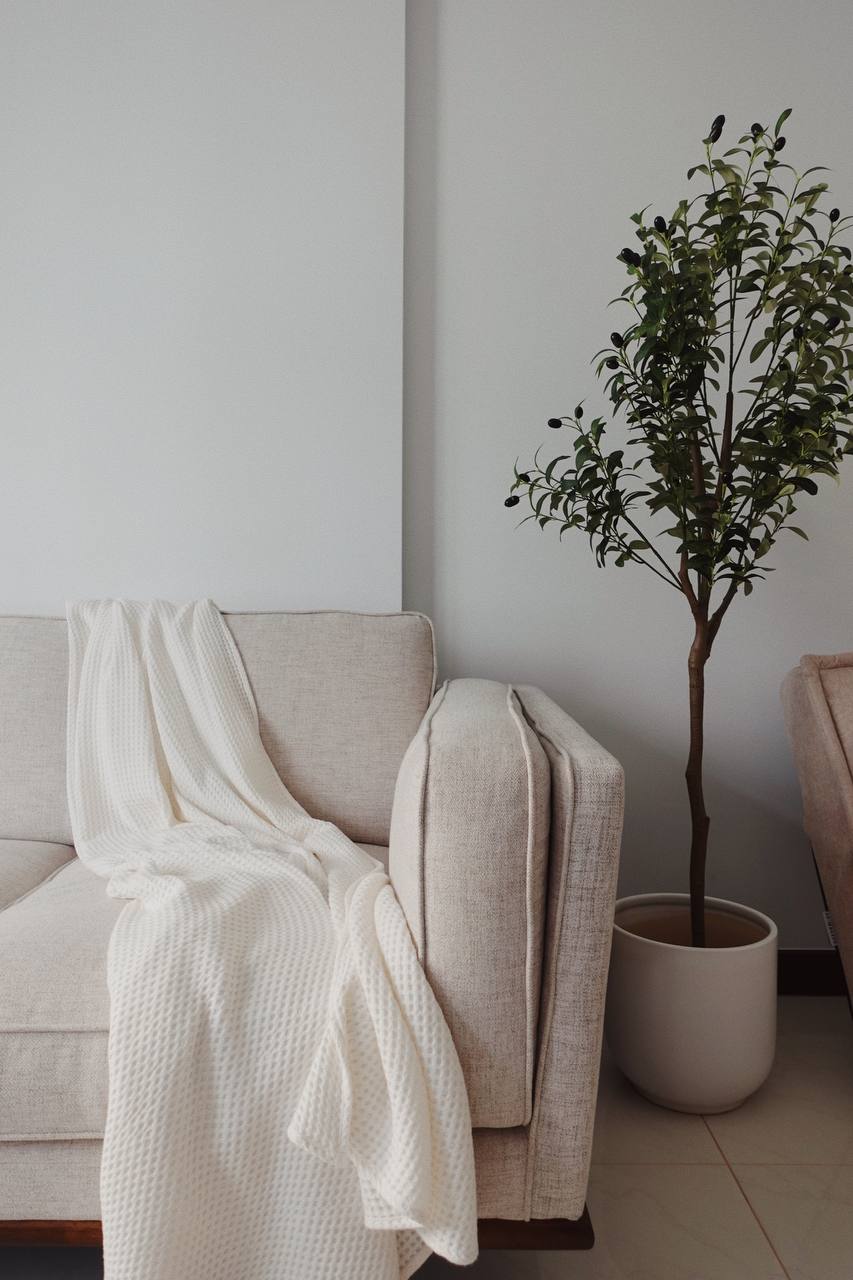 Mid-Century Minimalism: Our Cosy Versatile Living Space - Cream-colored sofa, white knitted blanket, minimalist decor, soft