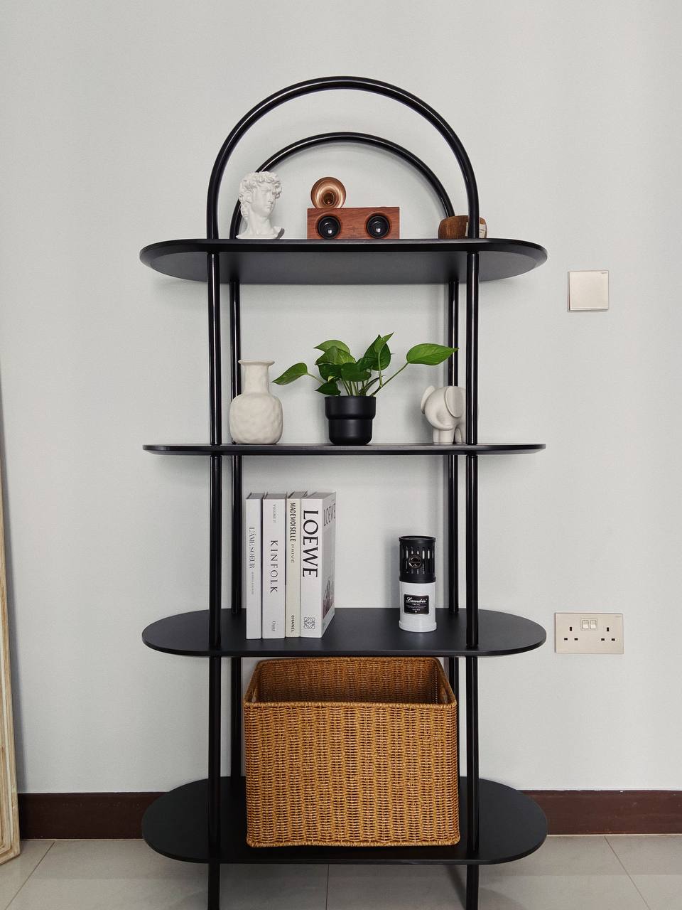 Mid-Century Minimalism: Our Cosy Versatile Living Space - modern shelving unit, minimalist decor, black metal frame
