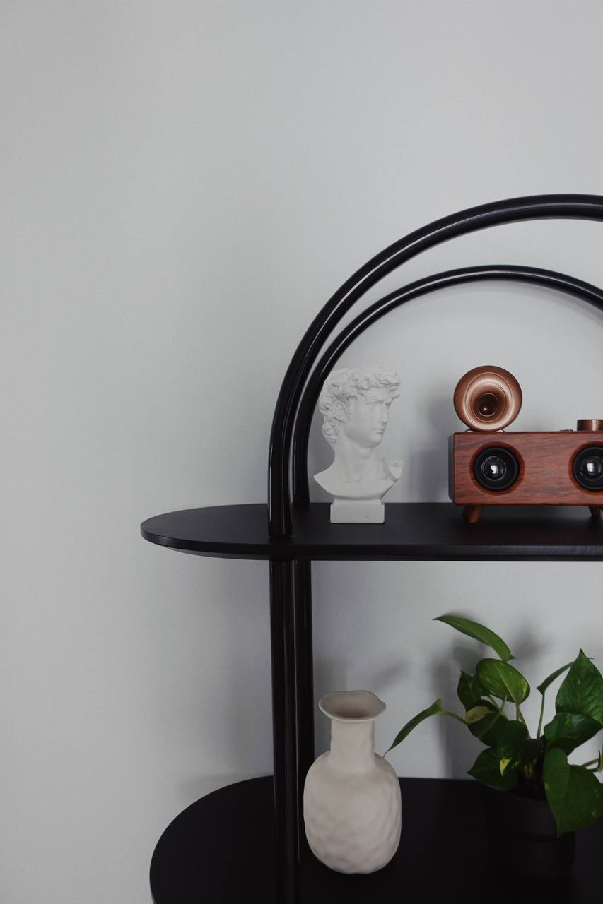Mid-Century Minimalism: Our Cosy Versatile Living Space - black metal shelf, vintage camera, white bust, copper horn, black