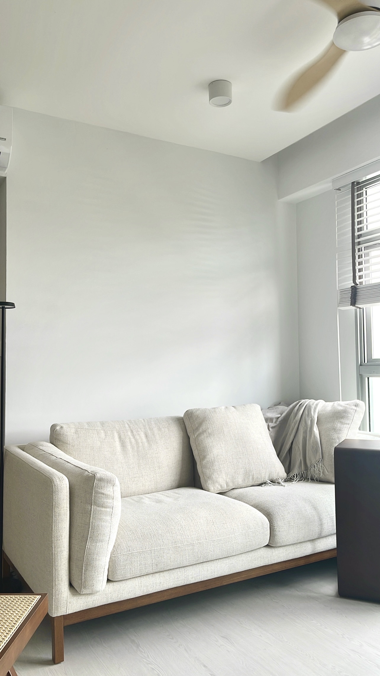 Perfecting our living room for soccer, movies & concert nights - Modern minimalist living room, neutral color palette, light