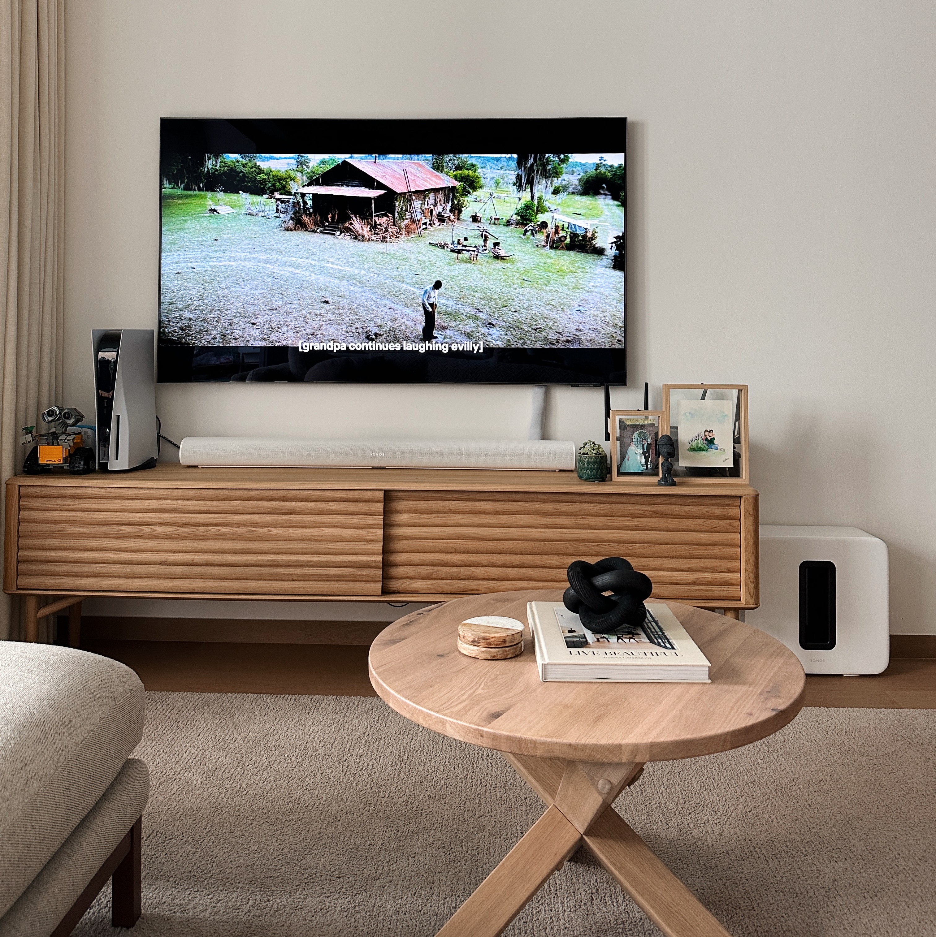 Welcome to our happy place - our living room - Wooden TV stand, modern living room, cozy atmosphere, rustic decor, TV on