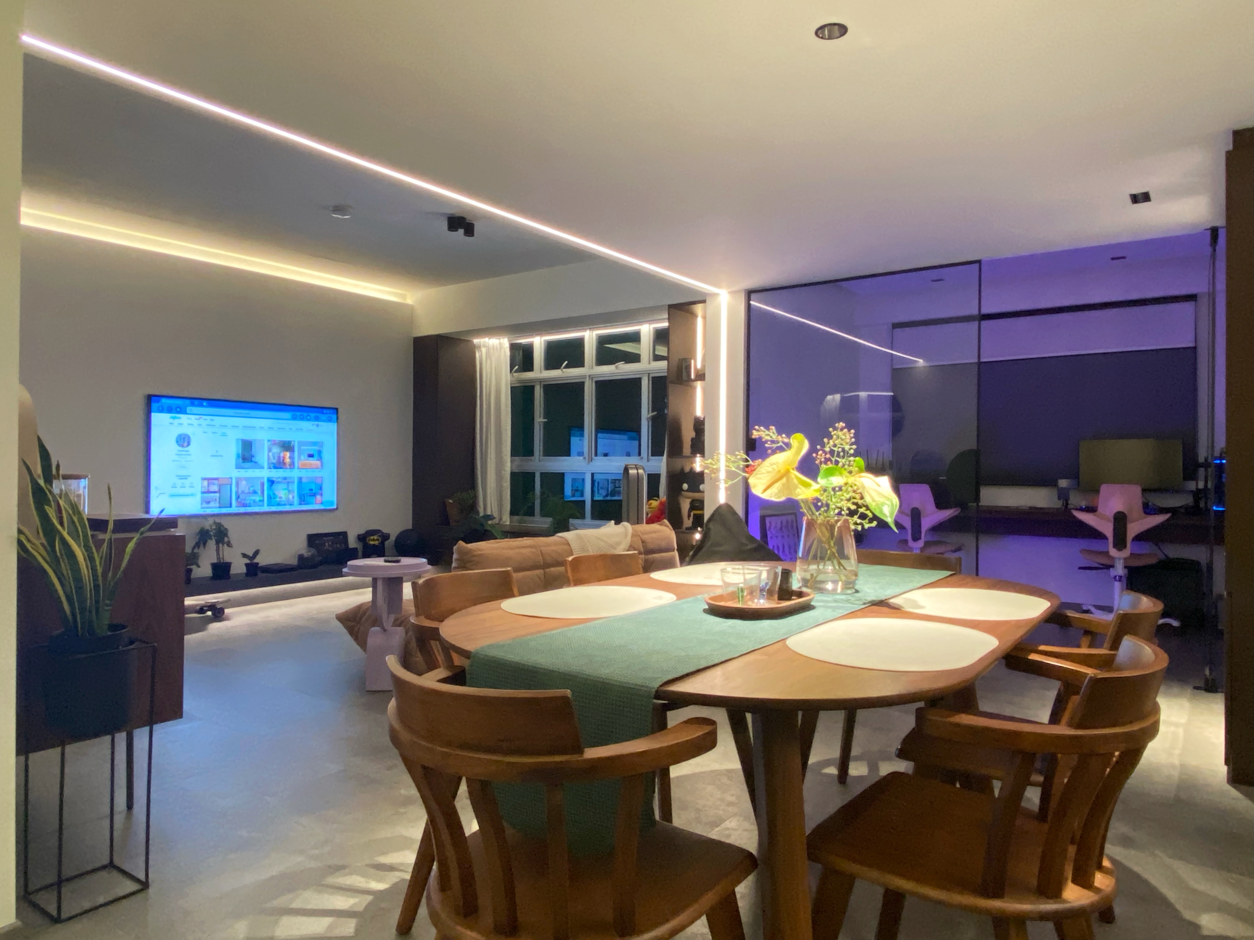 Integrating the living, dining, study and kitchen space into one - Modern living room, contemporary design, sleek furniture