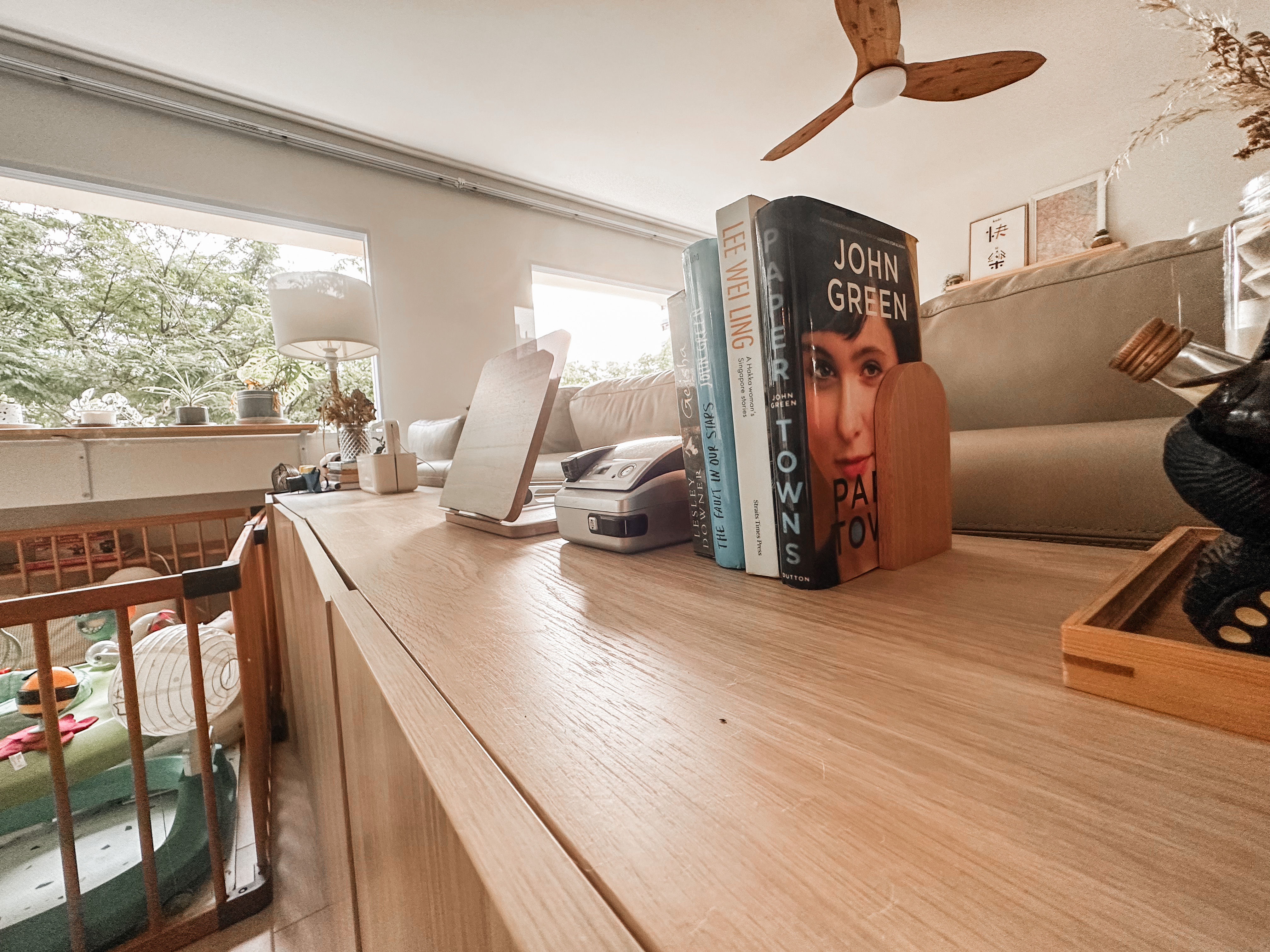 Styling a dog, baby, plant babies friendly living room - Wooden floor, cozy living room, modern furniture, bookshelf, books