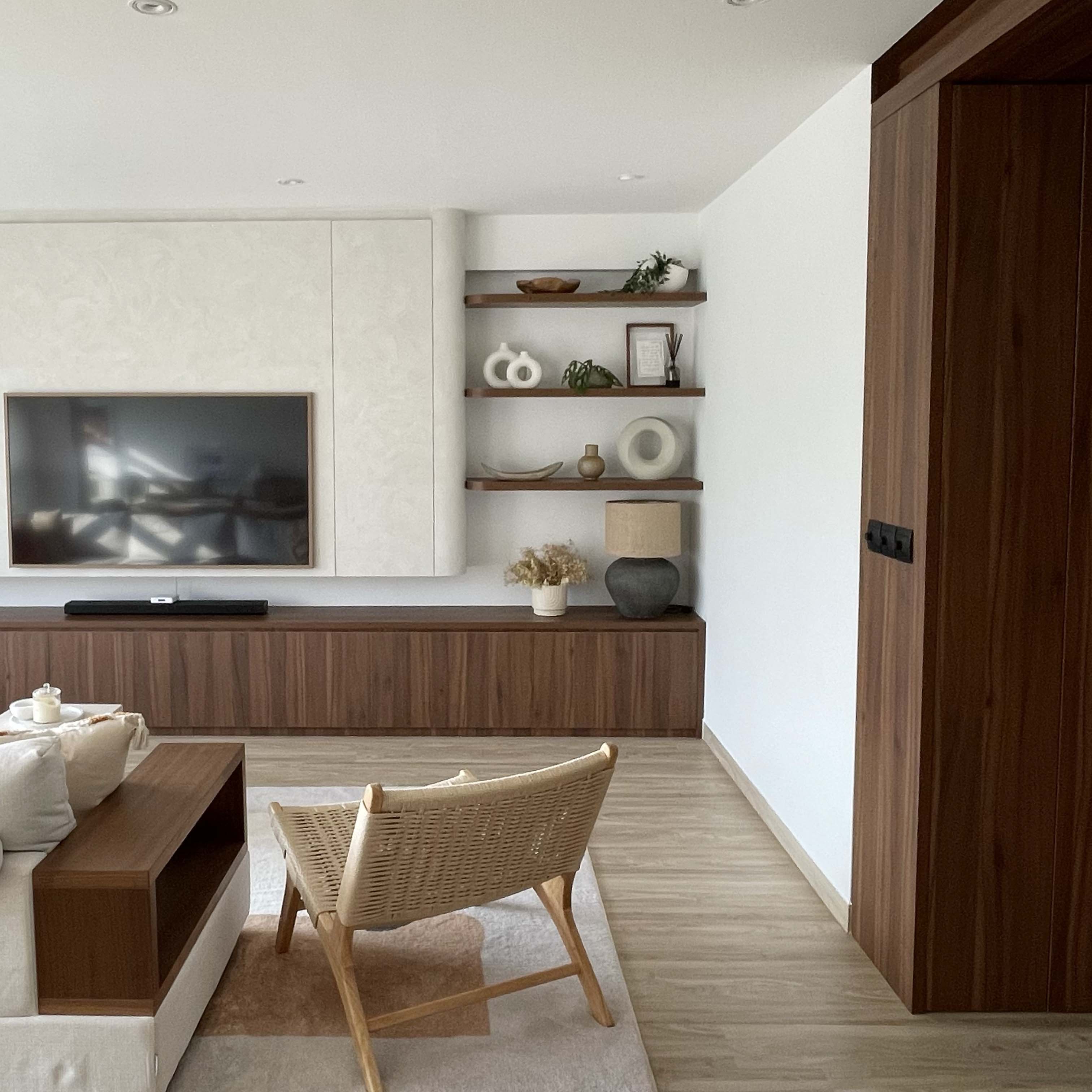 Housewarming - Japandi-inspired home - Modern living room, minimalist decor, wooden furniture, beige sofa, wicker chair