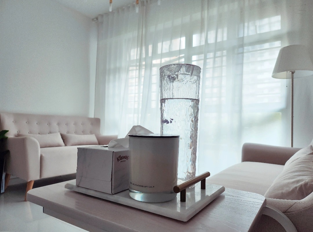 Play around with the living room - White, minimalist, modern living room, soft lighting, pastel pink sofa, elegant coffee