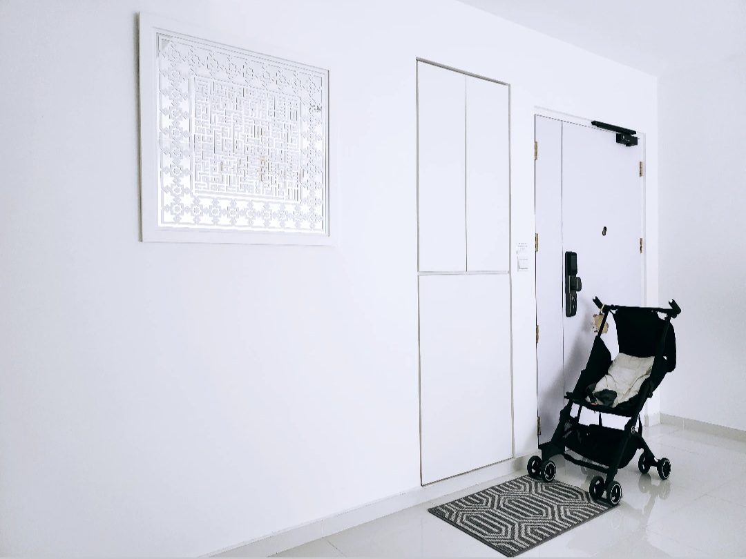 Play around with the living room - White minimalist interior, modern design, sleek door, white wall, decorative panel