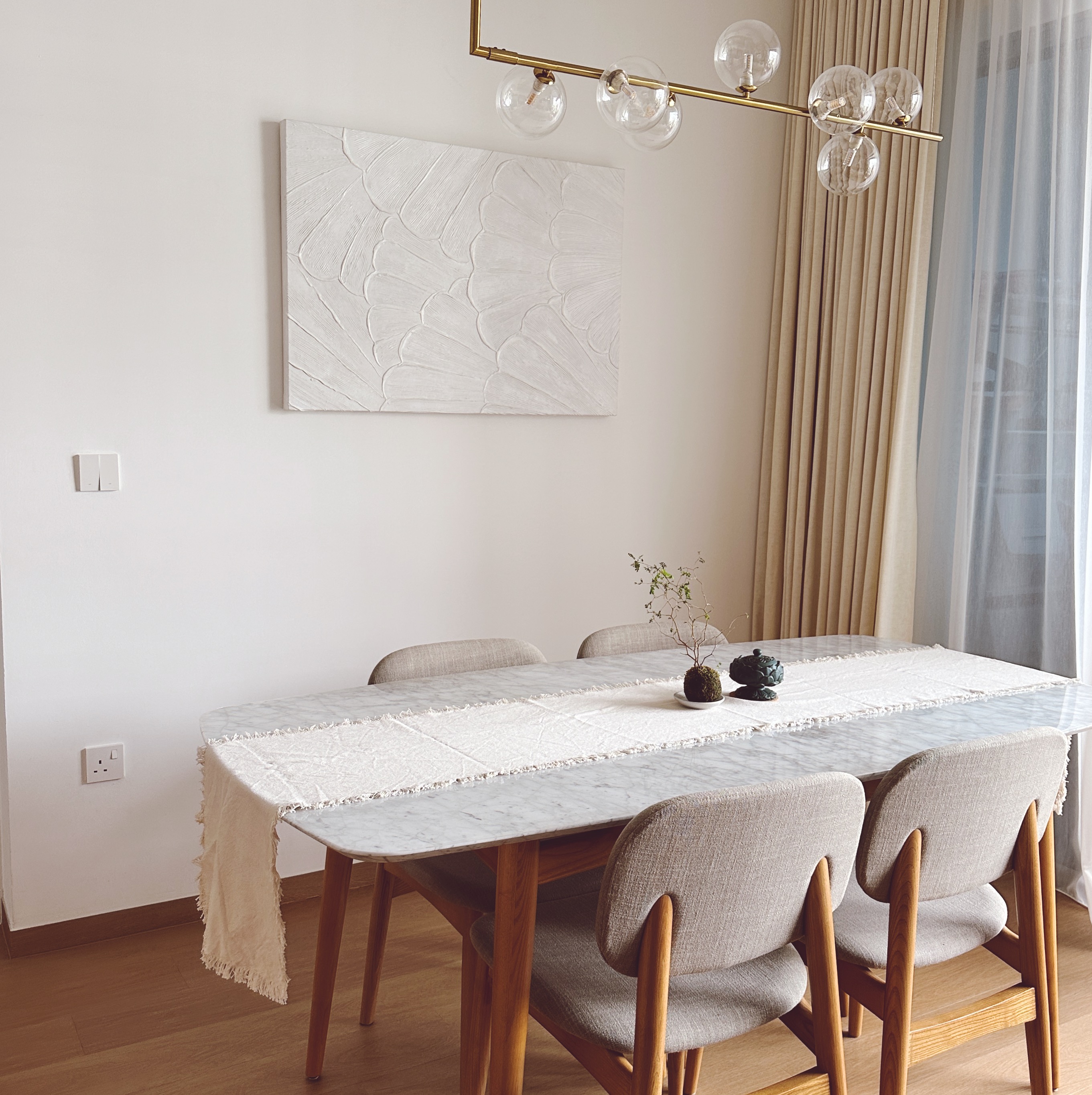 Simple and Clean Dining Space  - modern dining room, minimalist design, elegant table, marble tablecloth, wooden chairs