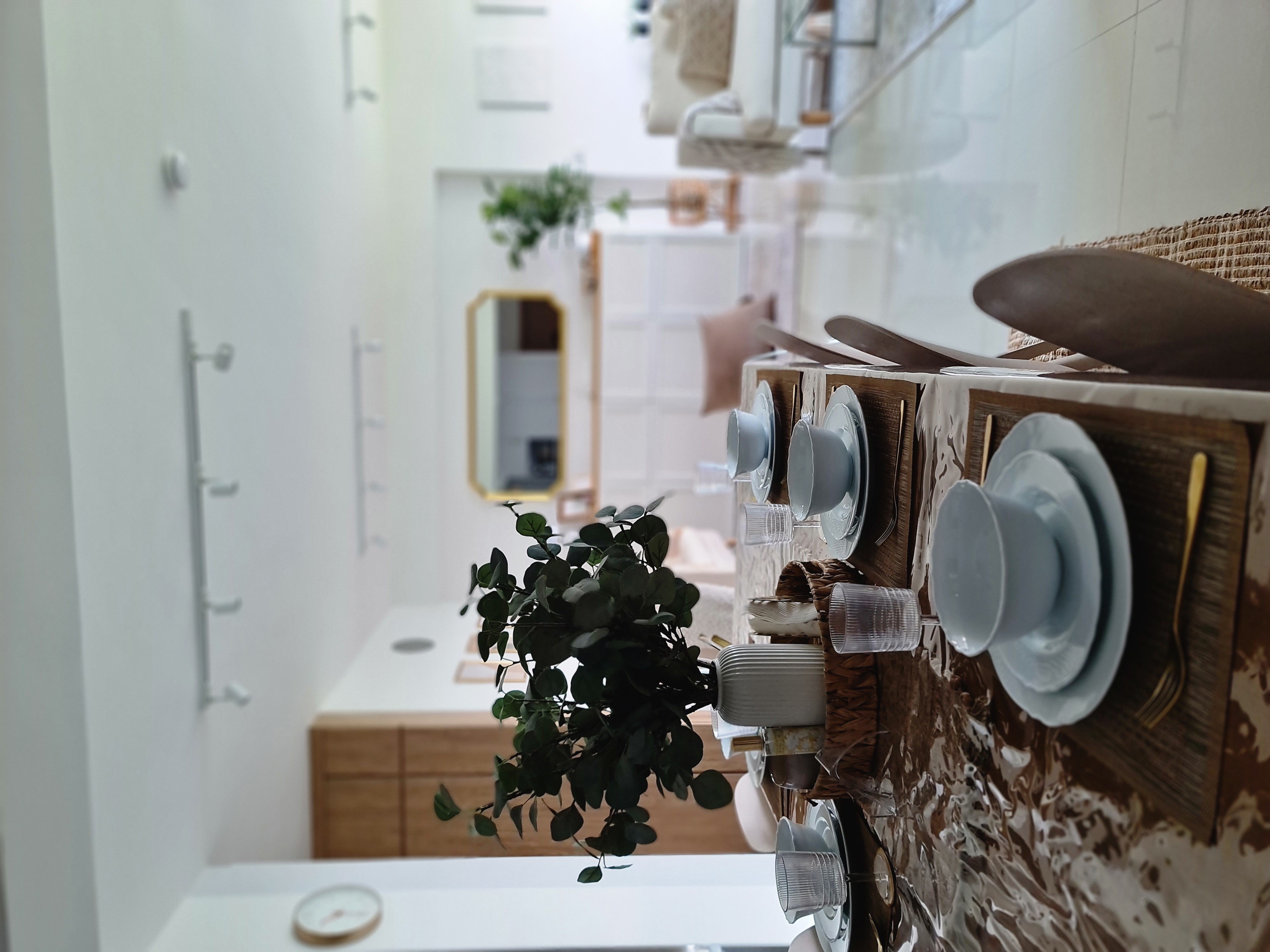 Dining in love - Modern bathroom interior, minimalist design, white walls, floating vanity, wooden countertop, decorative