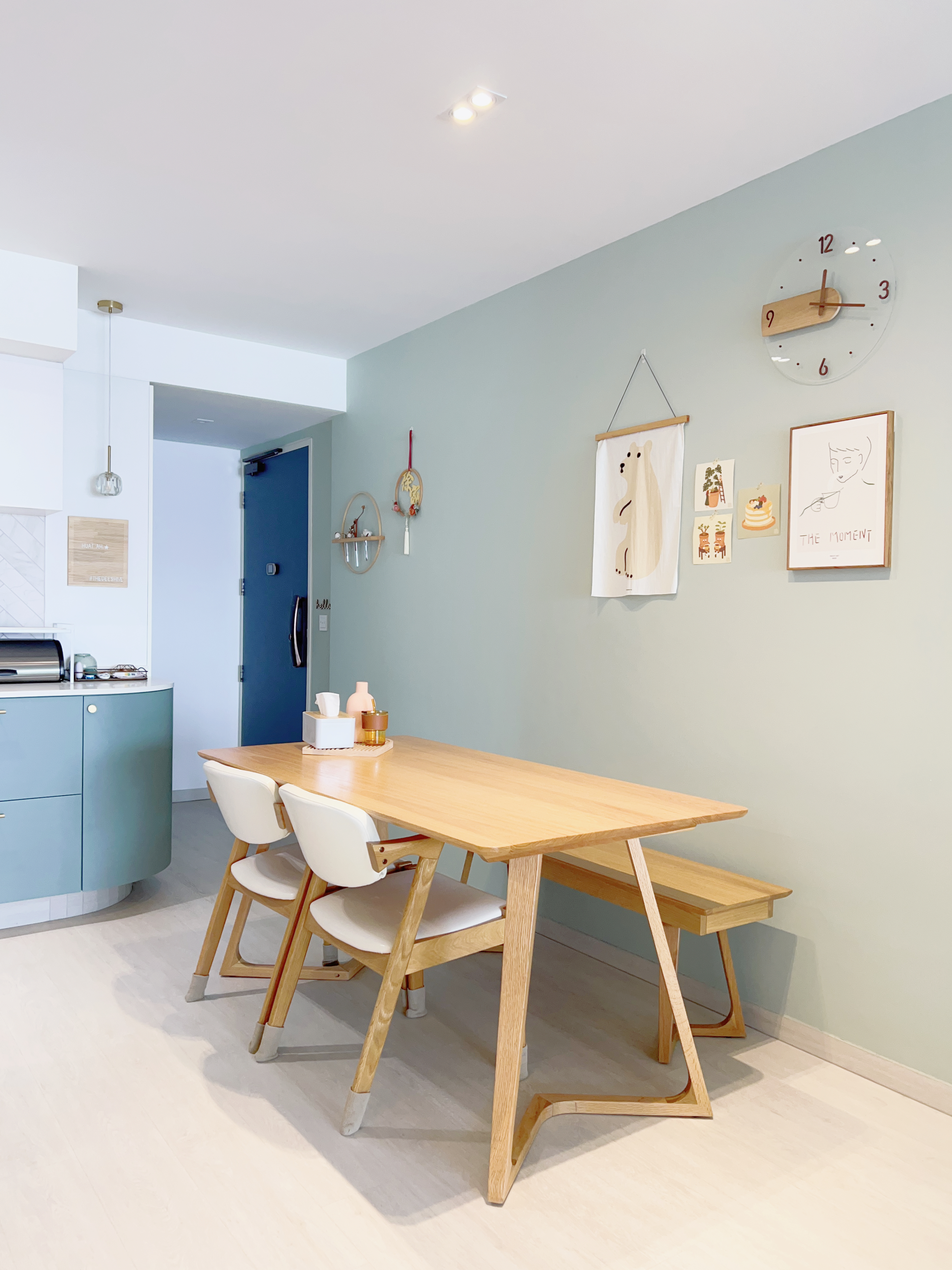 A Kids Friendly Kitchen + Dining Integrated Space  - modern dining room, minimalist design, wooden dining table, white
