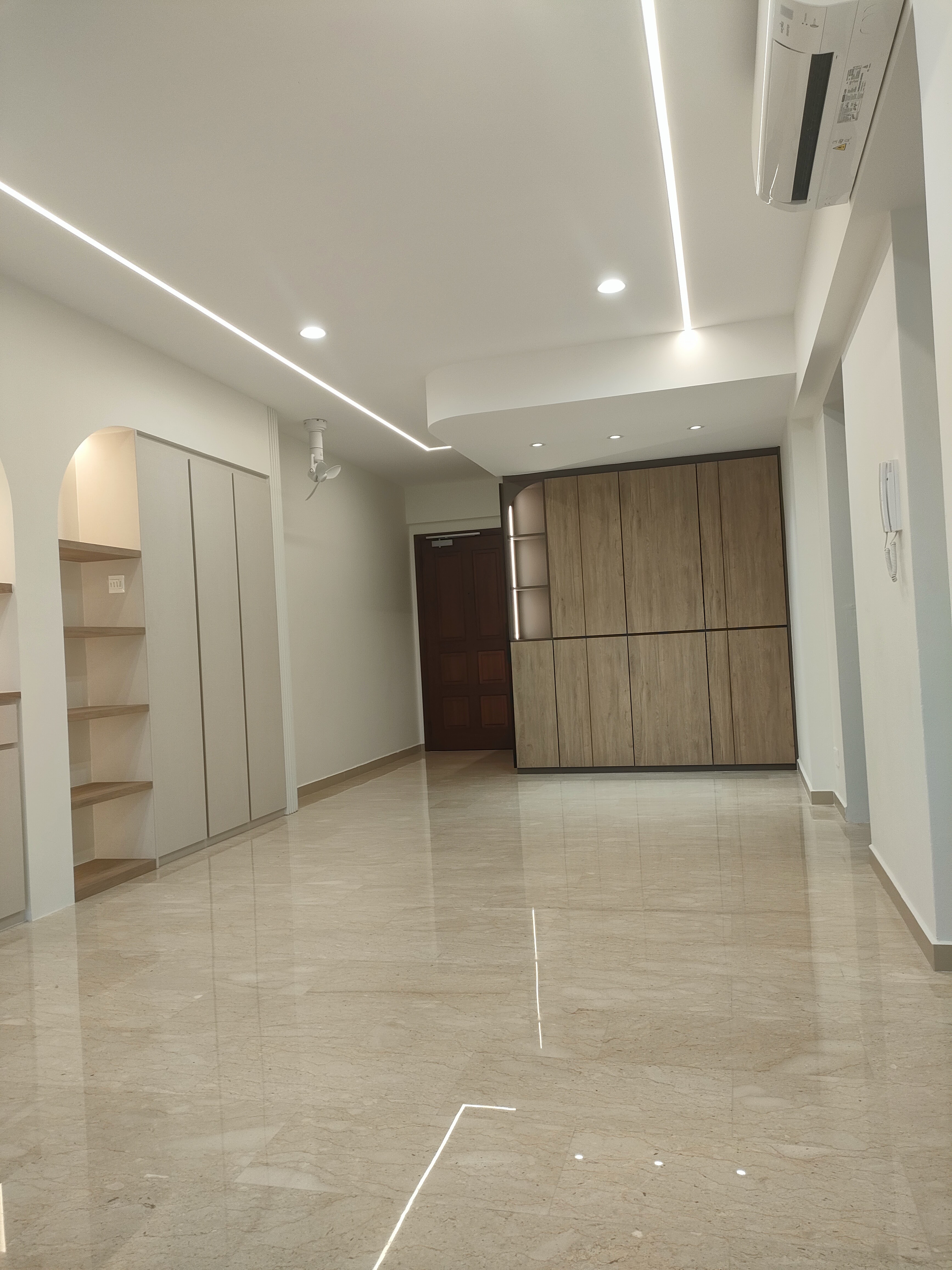 We had no dining area so we created one! - Modern minimalist interior, spacious hallway, sleek ceiling lights, recessed