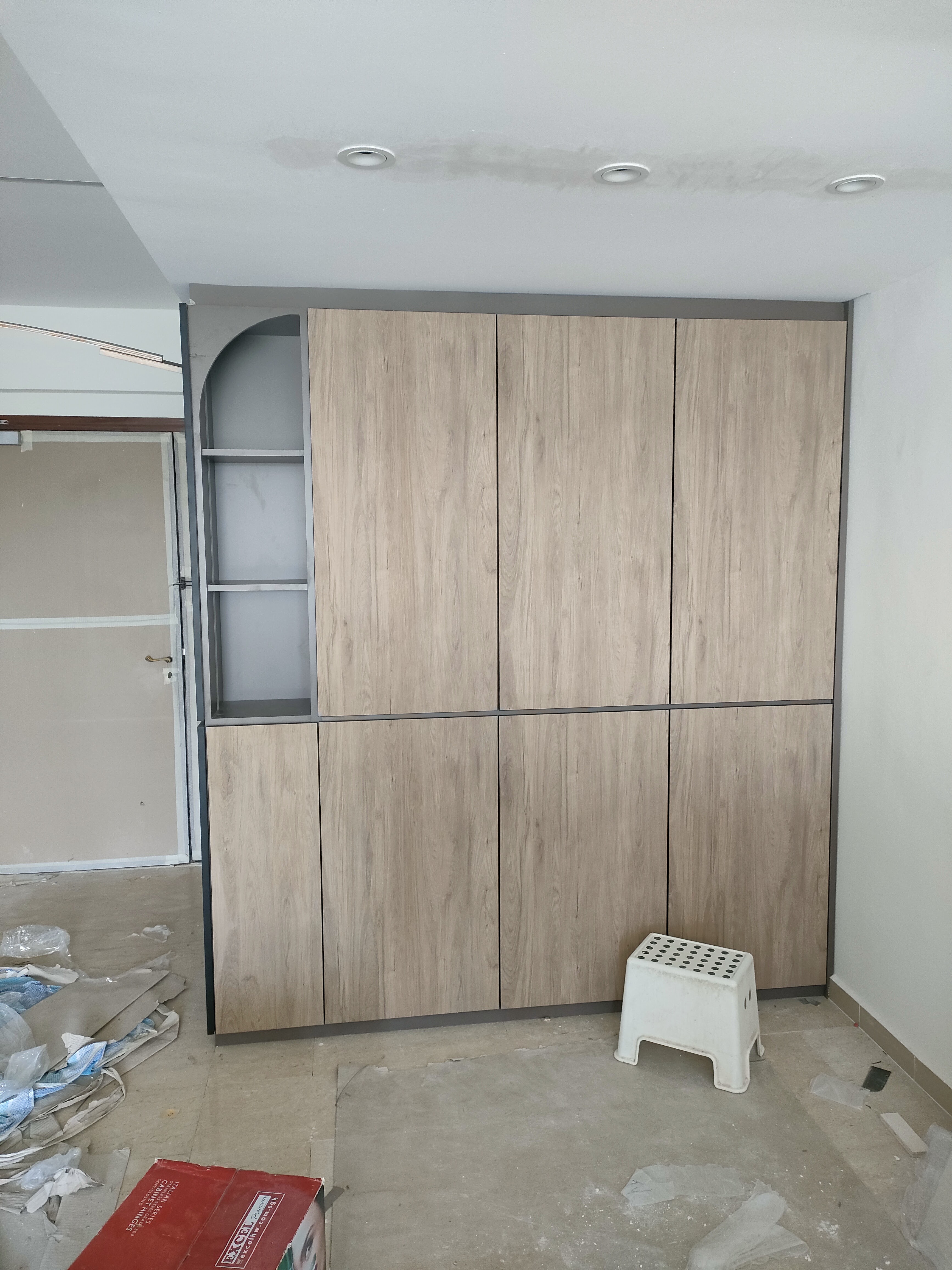 We had no dining area so we created one! - Wooden wardrobe, unfinished room, wooden paneling, light wood finish, minimalist