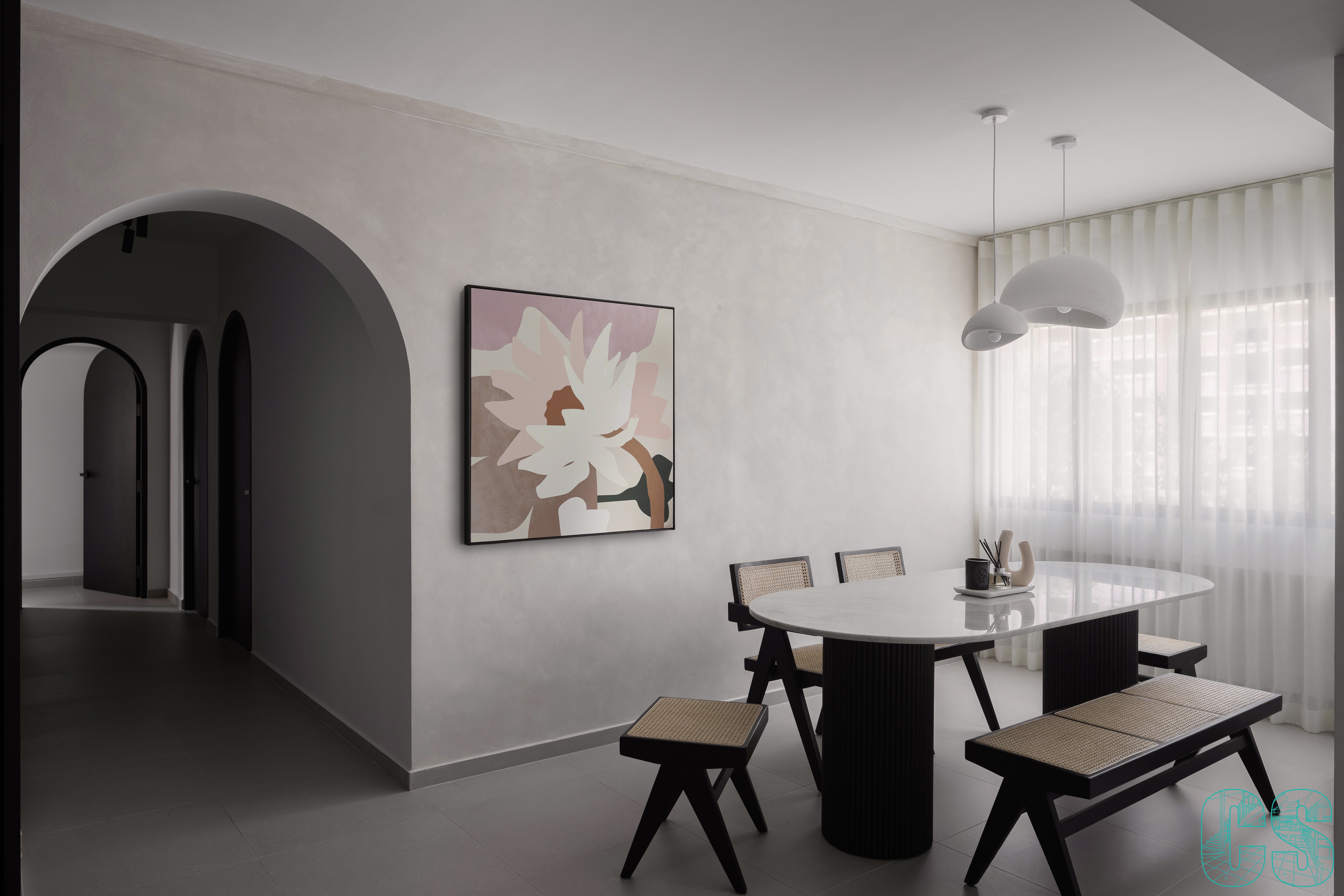 Warmth, textures and a splash of colour - Modern minimalist dining room, abstract painting, geometric chairs, circular table